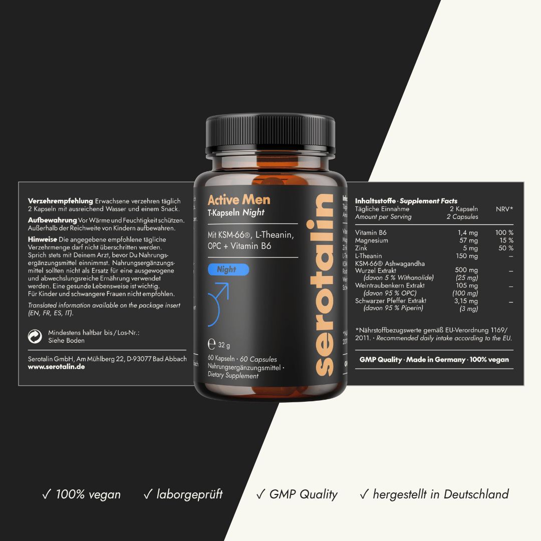 Flasche mit Kapseln, Packungsbeilage und Nährwerttabelle. Text: Active Men T-Kapseln Night, serotalin. 100% vegan.