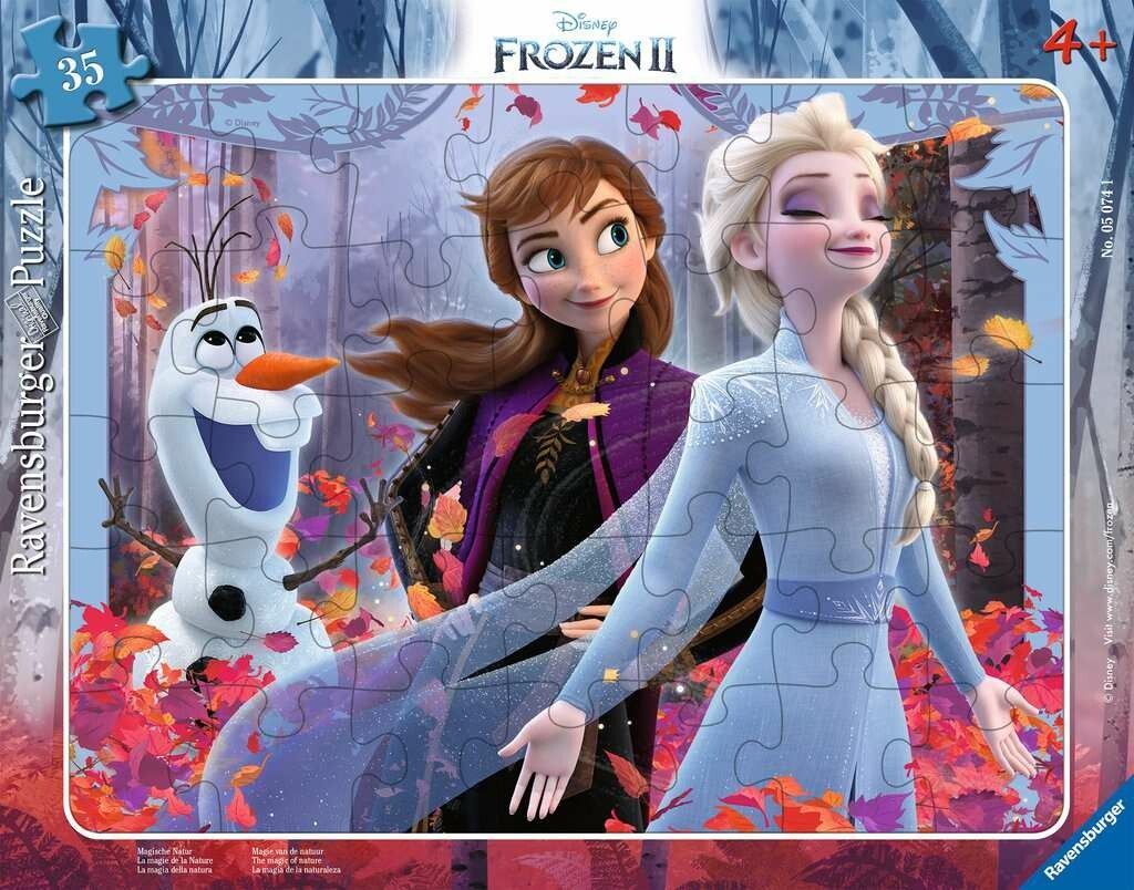 Puzzle mit Frozen-Motiv. Elsa, Anna und Olaf vor herbstlicher Kulisse. Ravensburger-Logo.
