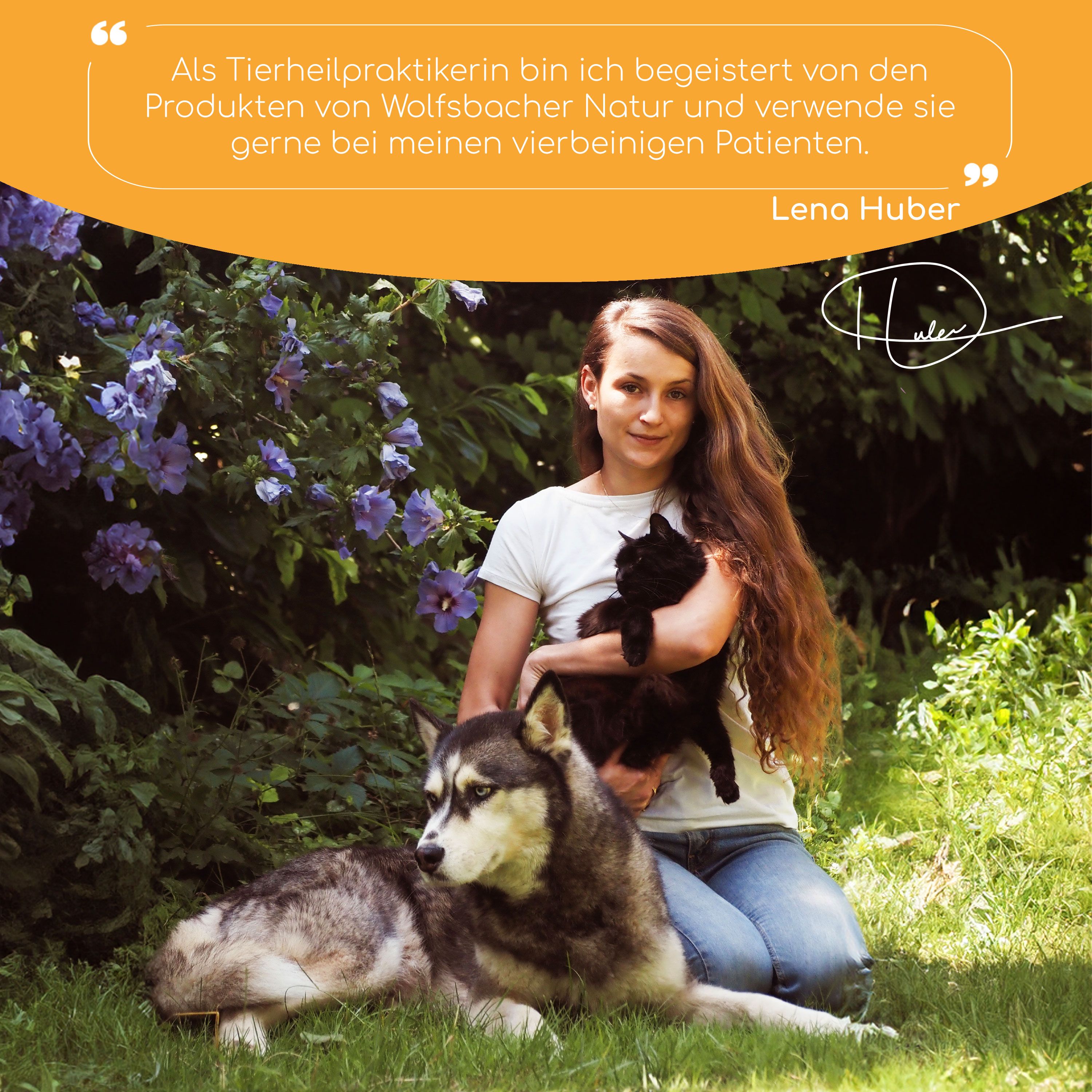 Eine Frau hält einen Hund und eine Katze. Zitat: Als Tierheilpraktikerin bin ich begeistert von den Produkten von Wolfsbacher Natur.