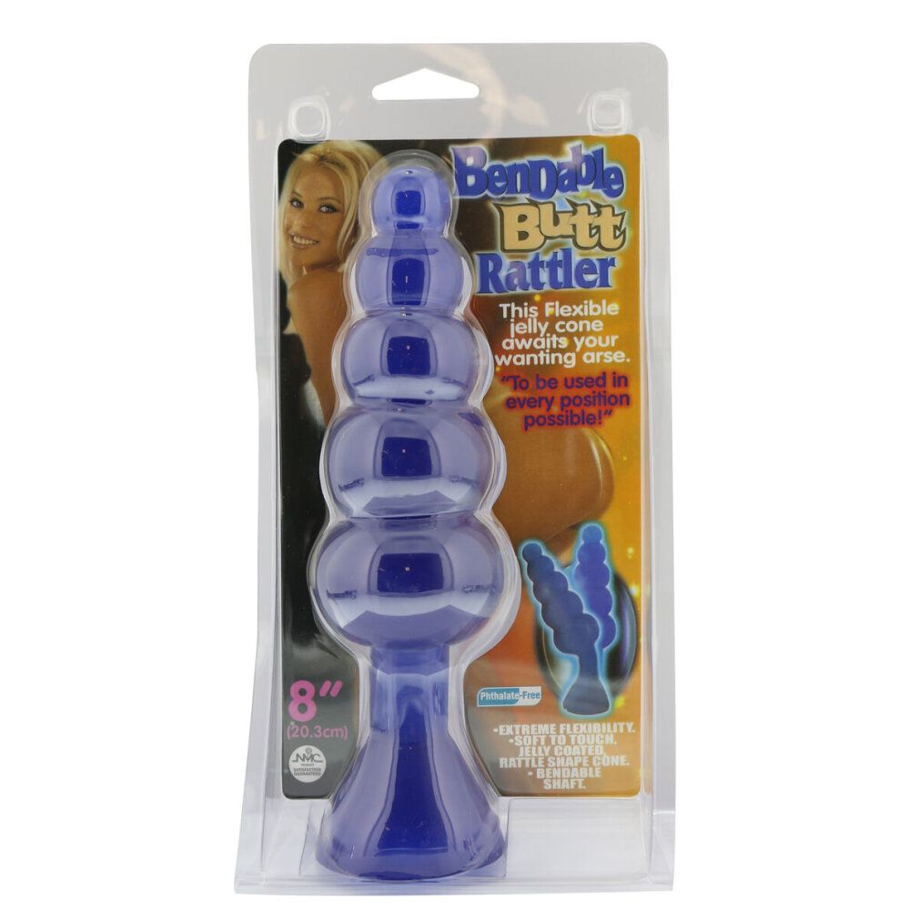 Blauer, flexibler Anal-Plug in Blisterverpackung. Text: "Bendable Butt Rattler". 8 Zoll (20.3cm).