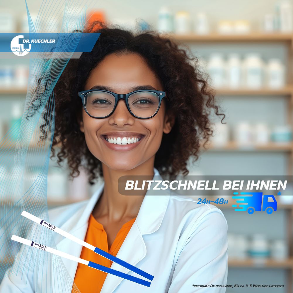 Lächelnde Apothekerin vor Regalen. Zwei Schwangerschaftstests im Vordergrund. "Blitzschnell bei Ihnen".
