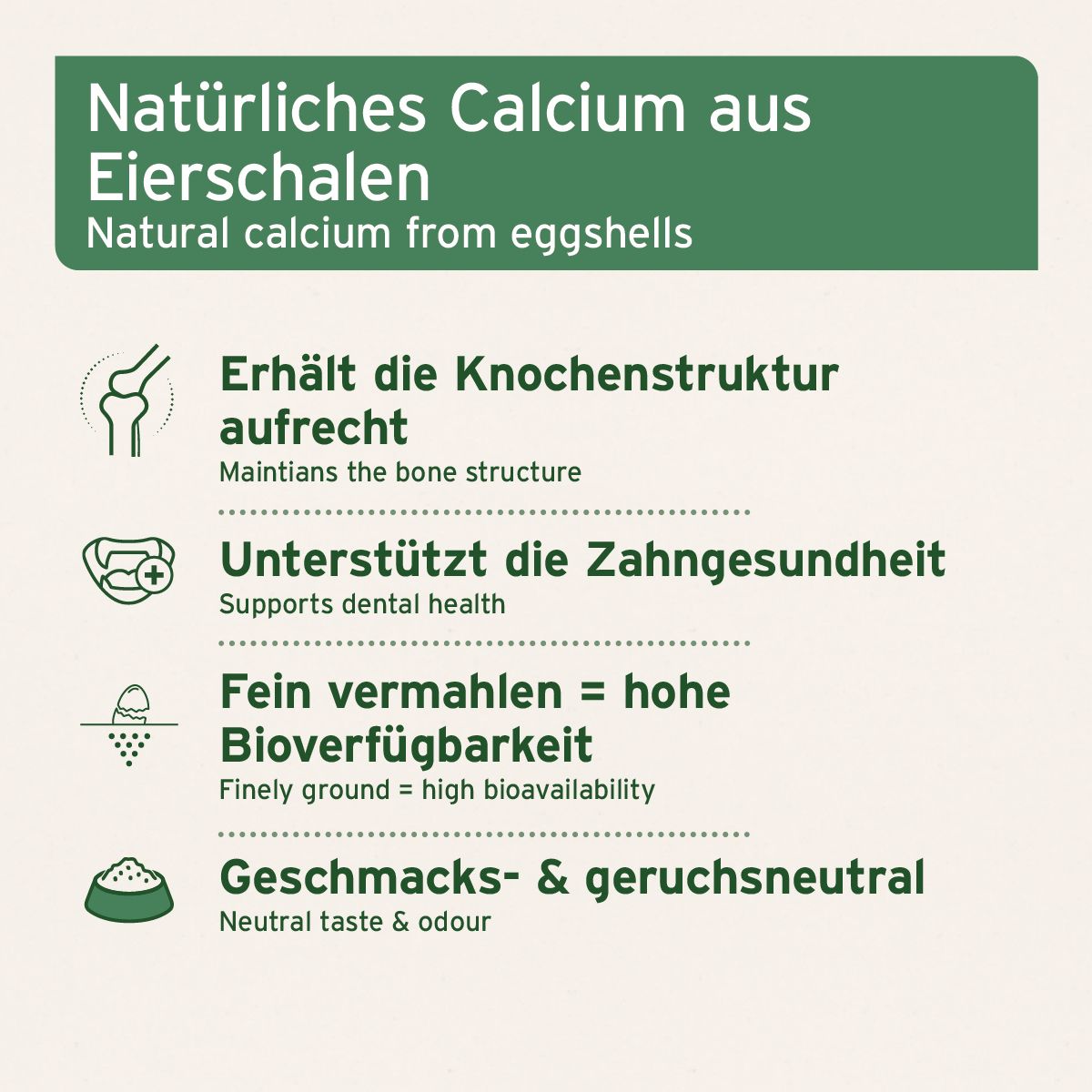 Infografik mit Text: Natürliches Calcium aus Eierschalen. Erhält Knochenstruktur, unterstützt Zahngesundheit. Fein gemahlen = hohe Bioverfügbarkeit.