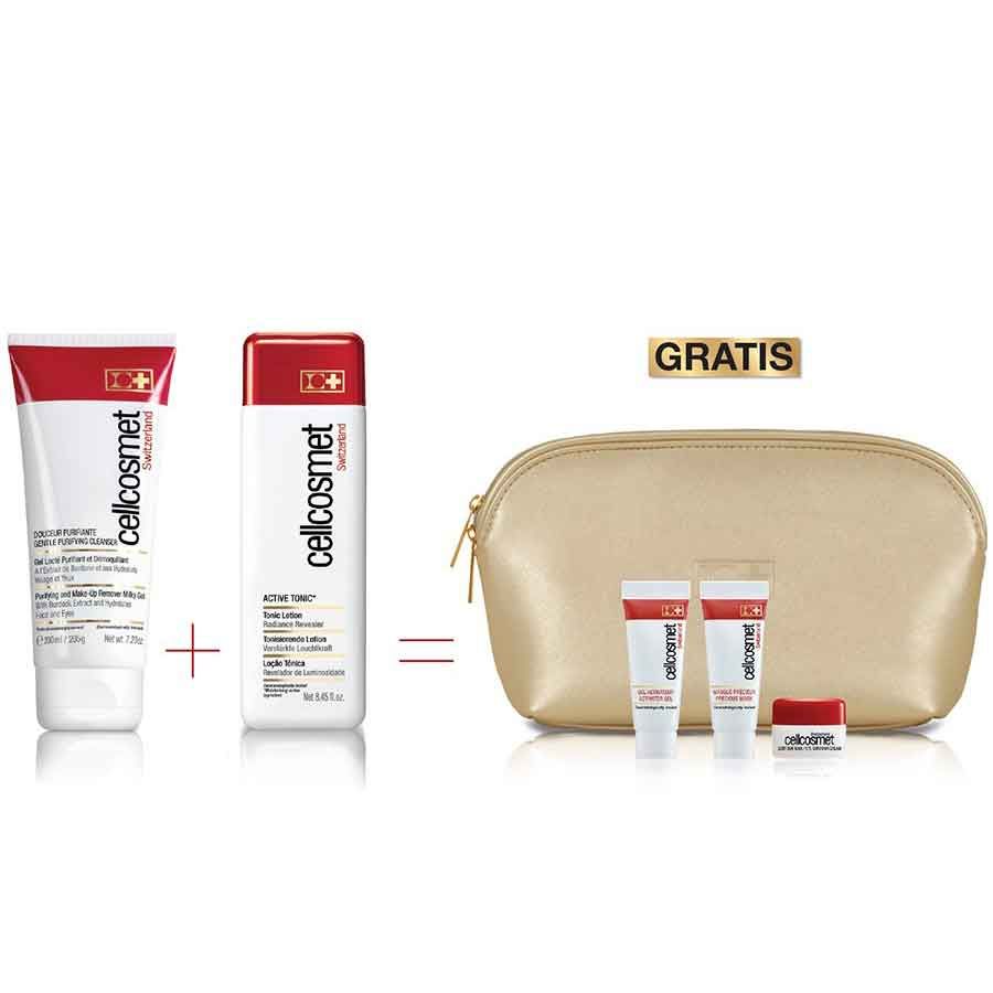Reinigungsprodukte-Set. Enthält Reiniger, Tonic, Kosmetiktasche, zwei Tuben und einen kleinen Tiegel. Marke Cellcosmet.
