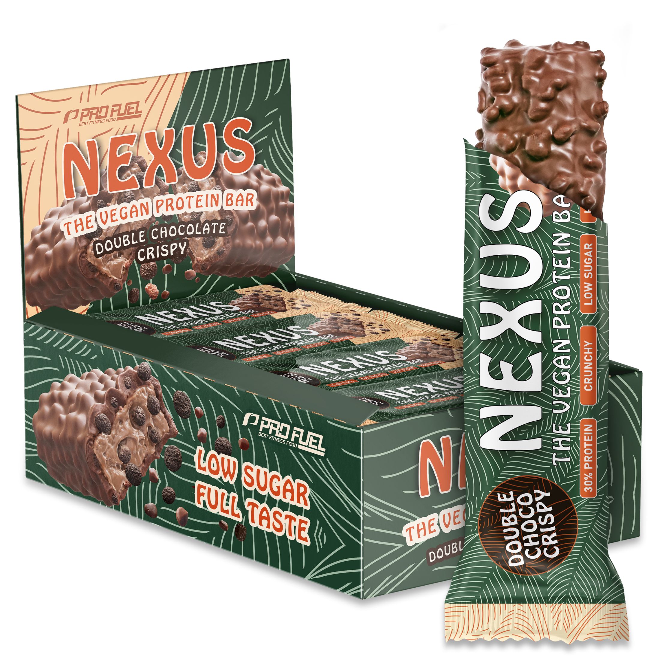 Frau isst Nexus Proteinriegel. "100% Vegan Company" Siegel.