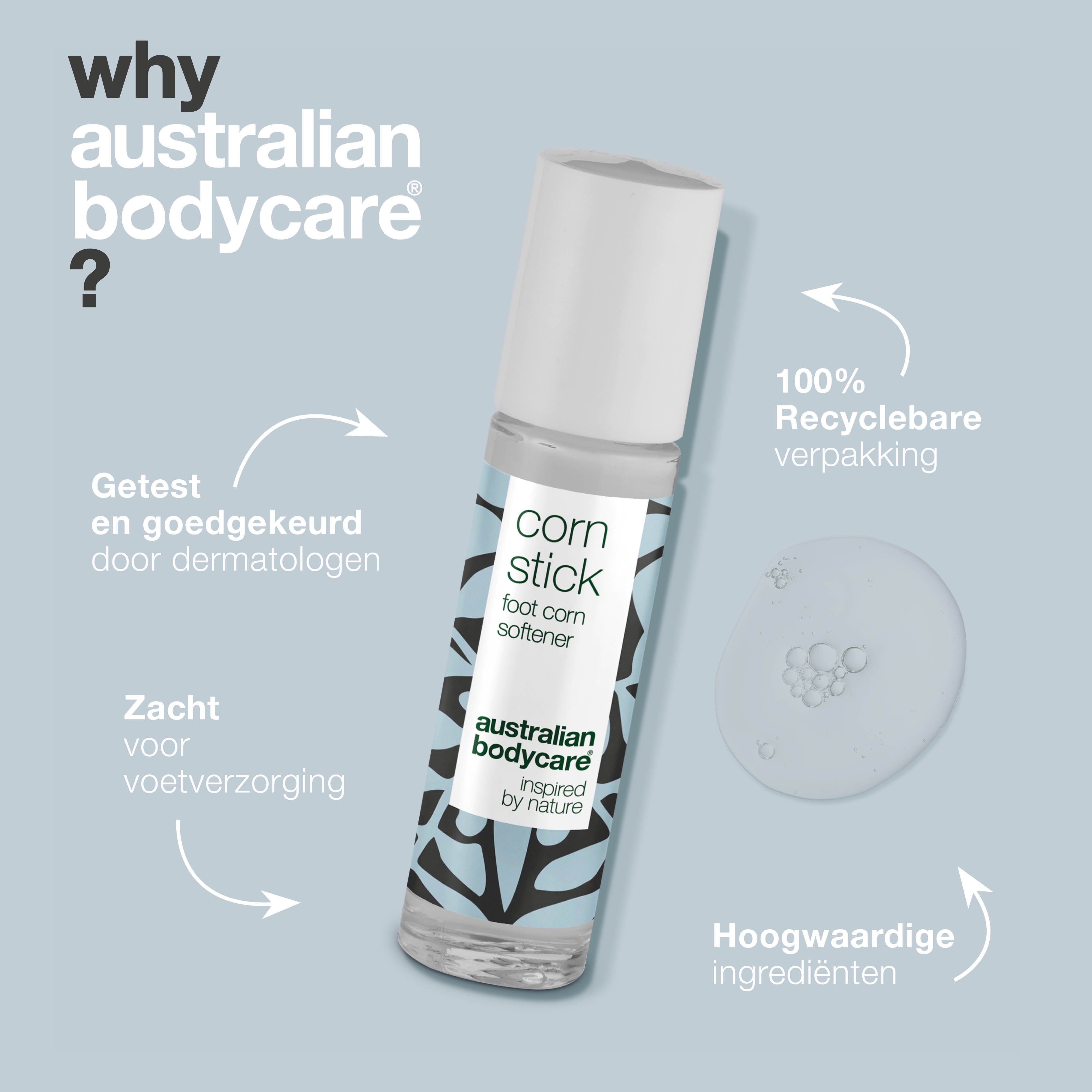 Roll-on fles met witte dop. Opschrift: corn stick, foot corn softener, australian bodycare.