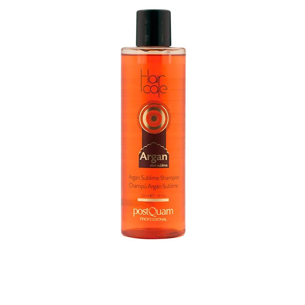 Flasche Shampoo mit Arganöl. Braune Flüssigkeit, schwarzer Deckel. Aufschrift: Hair care, Argan Sublime, postQuam.