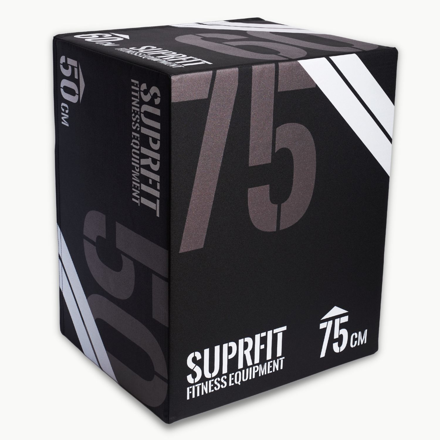 Schwarze Plyobox mit 75 cm Höhe. Aufdruck: Suprfit Fitness Equipment, 50 cm. Weiße diagonale Streifen.
