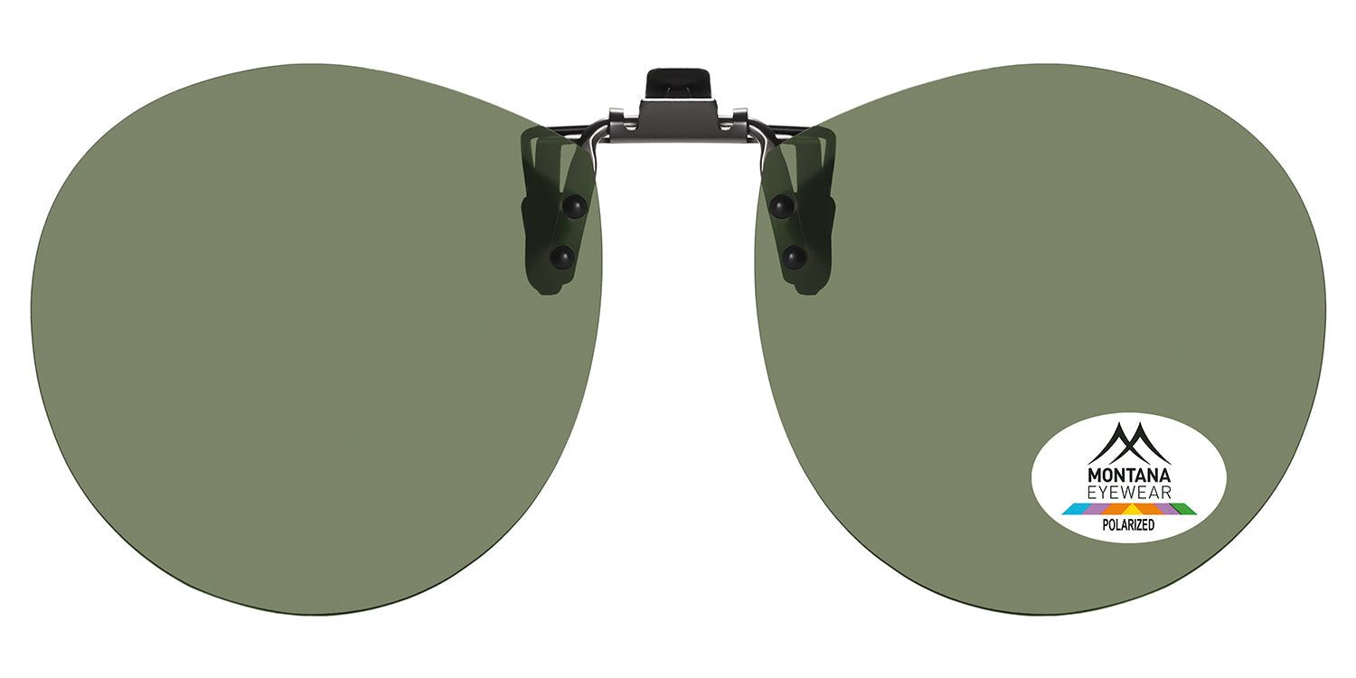 Montana Eyewear Sopot Clip-on-Sonnenbrille. Runde, grüne Gläser mit Clip-on-Mechanismus. Logo und Polarized-Aufkleber.