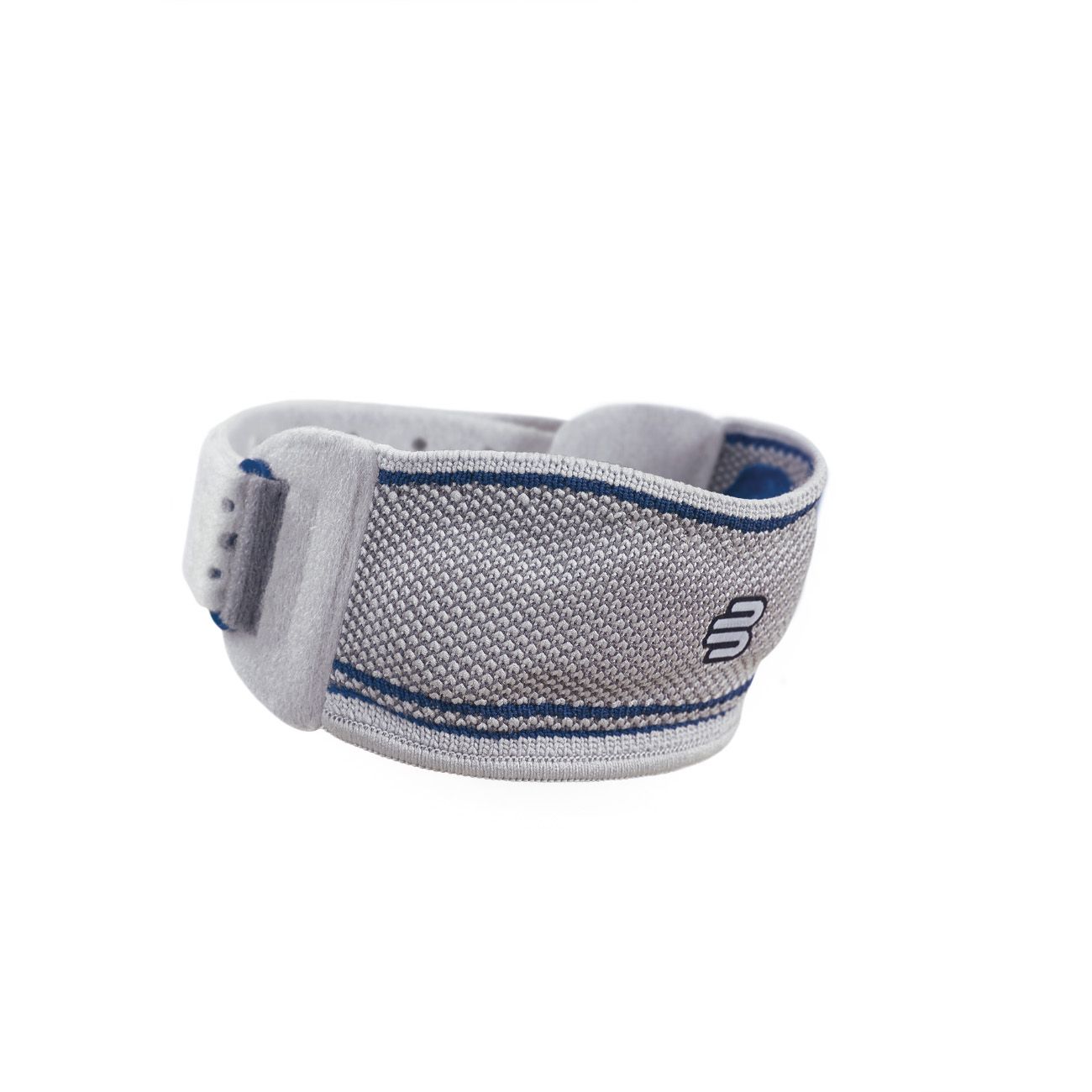 Patellasehnen-Bandage, grau mit blauen Akzenten. Klettverschluss und Logo. Gestricktes Material.