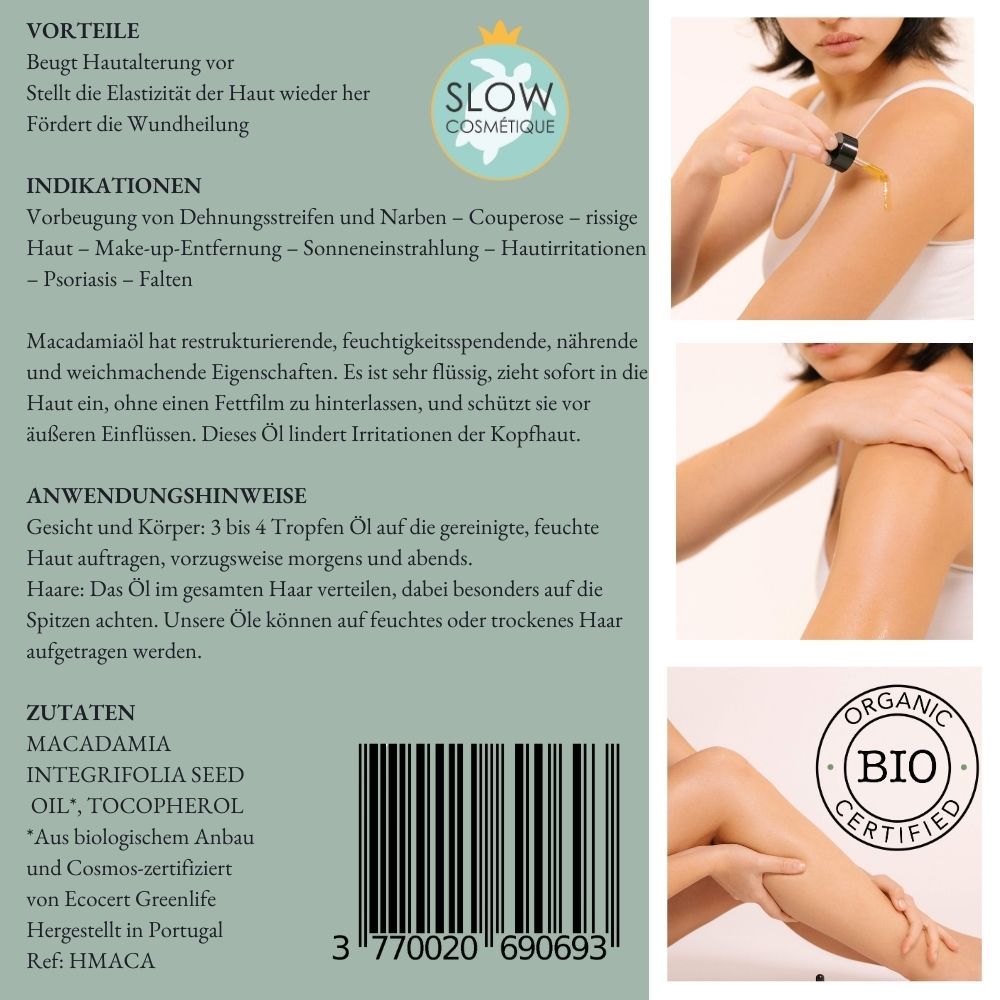 Rückseite der Produktverpackung. Text über Vorteile, Indikationen, Anwendungshinweise und Inhaltsstoffe. Bio-Siegel.