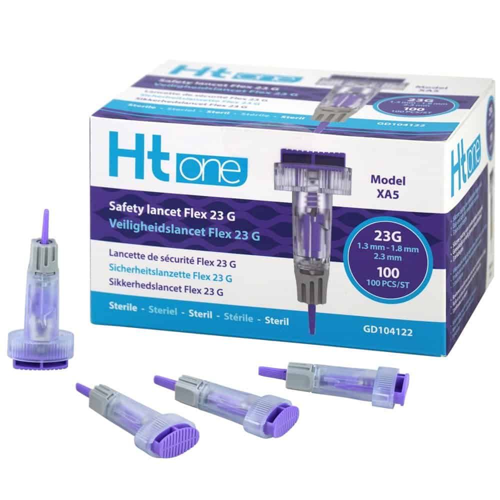 HT One Safety Lancet Flex 23G Verpackung mit einem Lanzettengerät und vier einzelnen Lanzetten daneben.