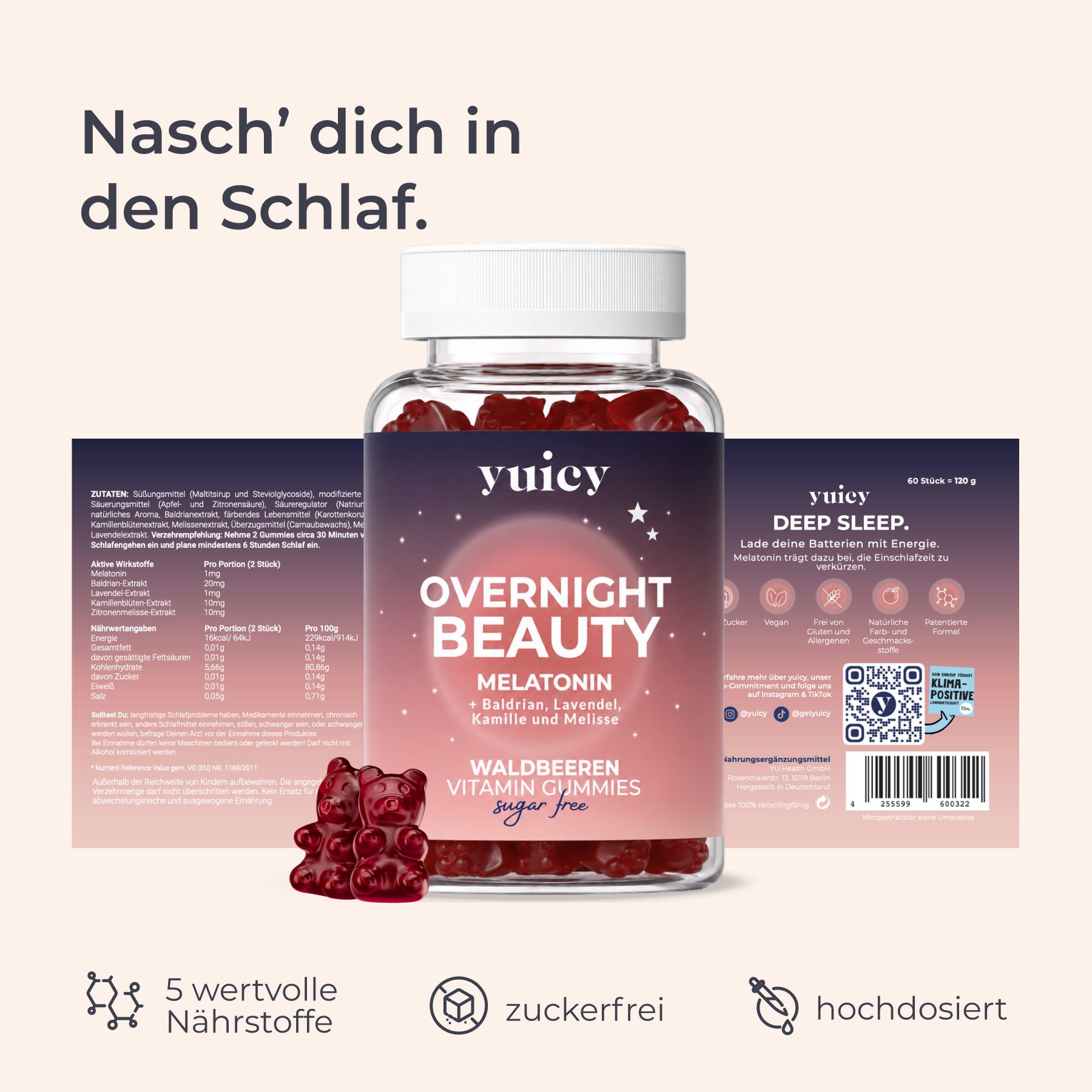 yuicy® Overnight Beauty Gummies mit Gummibärchen. Text: 5 wertvolle Nährstoffe, zuckerfrei, hochdosiert. Produktverpackung.