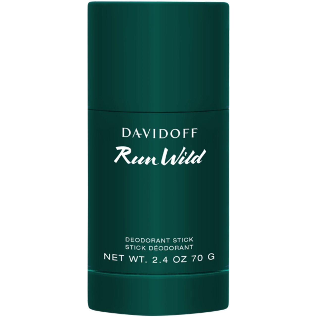 Grüner Deostick. Aufschrift: Davidoff Run Wild, Deodorant Stick. 75ml e 70g Net Wt. 2.4 OZ.