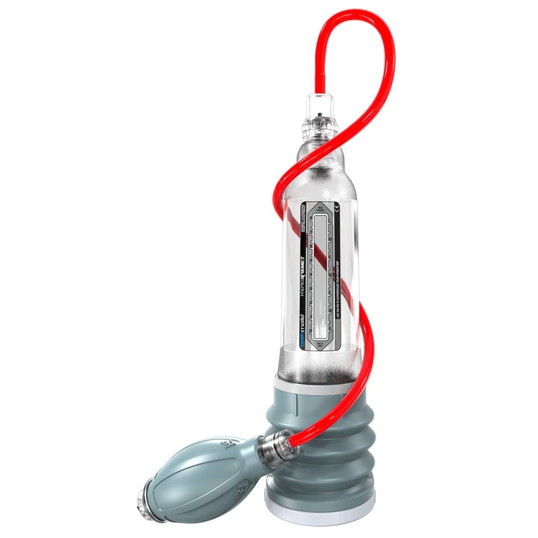 Klarer Zylinder mit rotem Schlauch und grauer Pumpe. Skala am Zylinder. Wellness-Produkt.