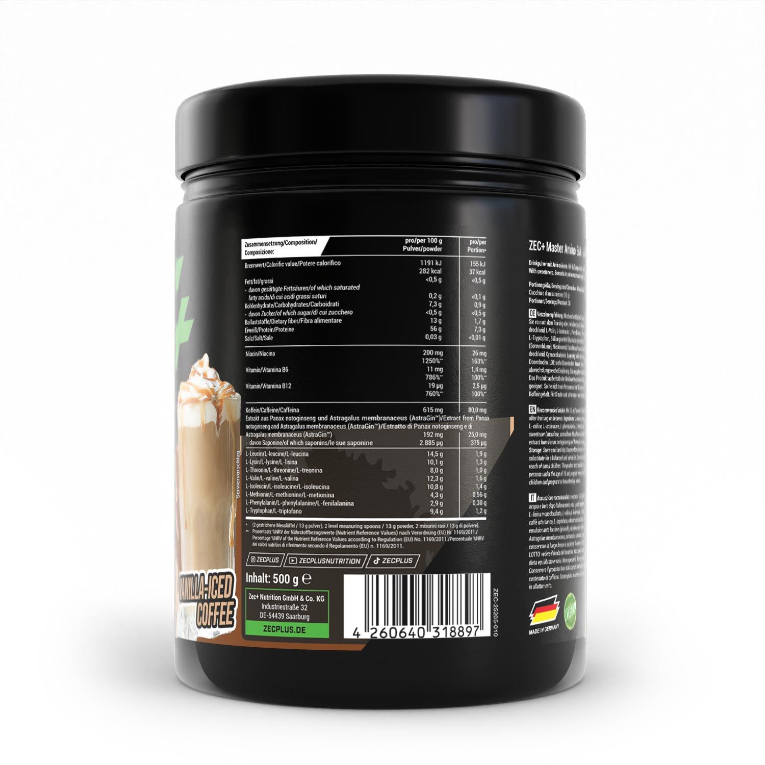 Rückseite der schwarzen Dose. Enthält Nährwertangaben und Zutatenliste. Vanilla-Iced Coffee. Barcode und ZEC+ Logo.