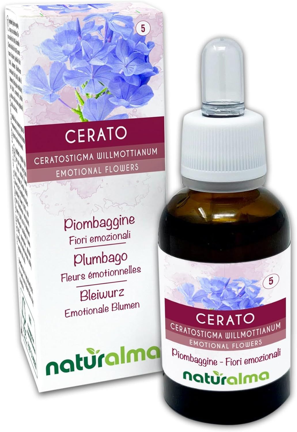 Braune Glasflasche mit Tropfer und Verpackung. Aufschrift: Cerato, Ceratostigma willmottianum, Emotional Flowers. Marke: Naturalma.