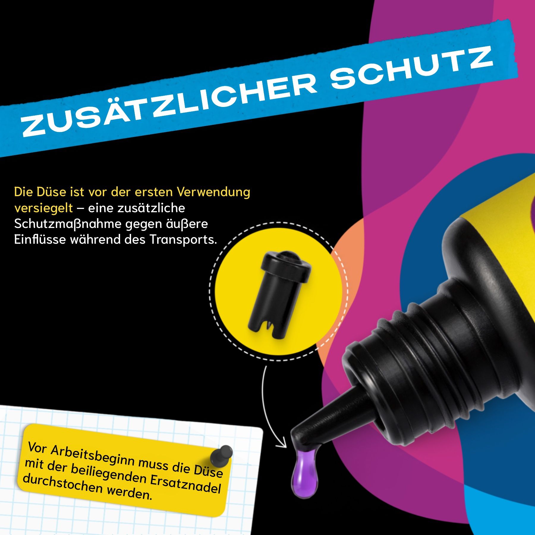 Düse des Klebers. Schwarzer Verschluss. Gelber Hintergrund. Zusätzlicher Schutz während des Transports.