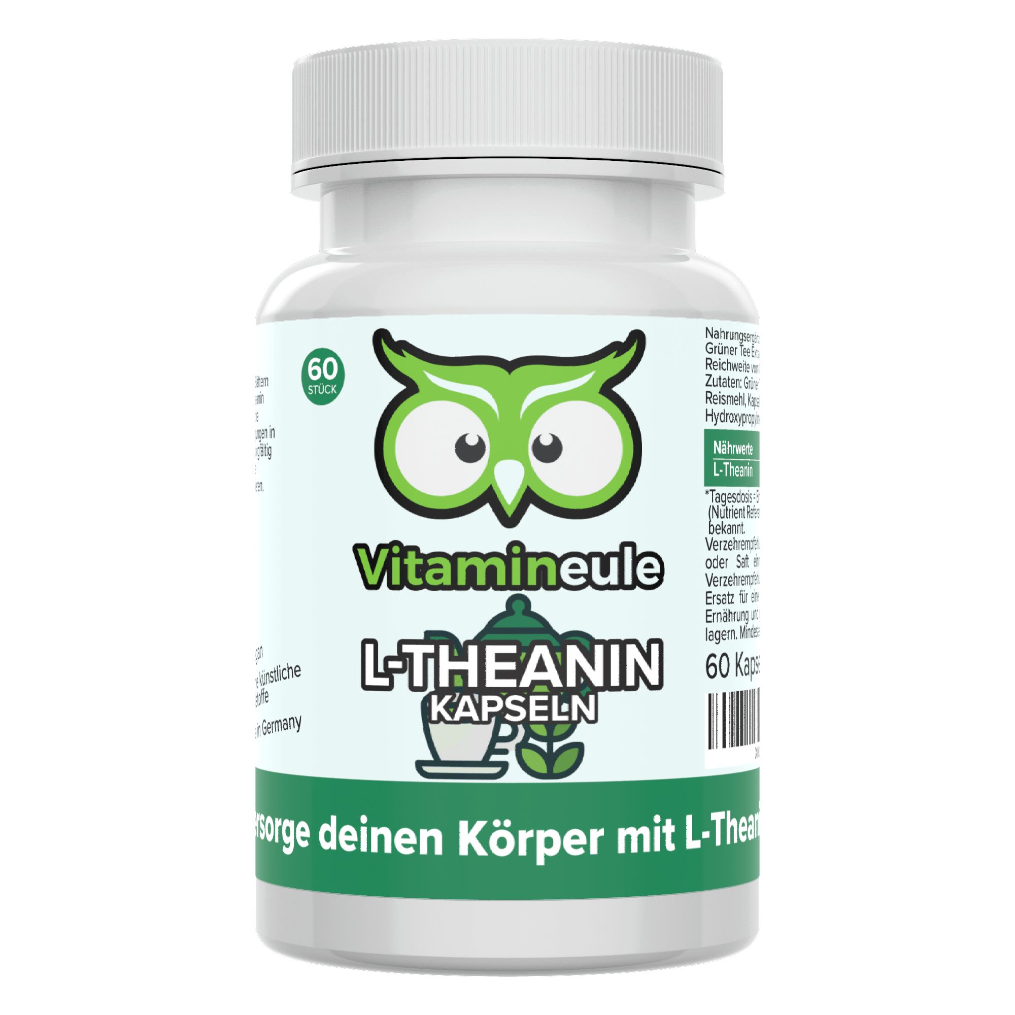Weißes Pillenbehälter mit grünen Etiketten. Aufschrift: Vitamineule, L-Theanin Kapseln, 60 Stück. Grün-weißes Eulenlogo.