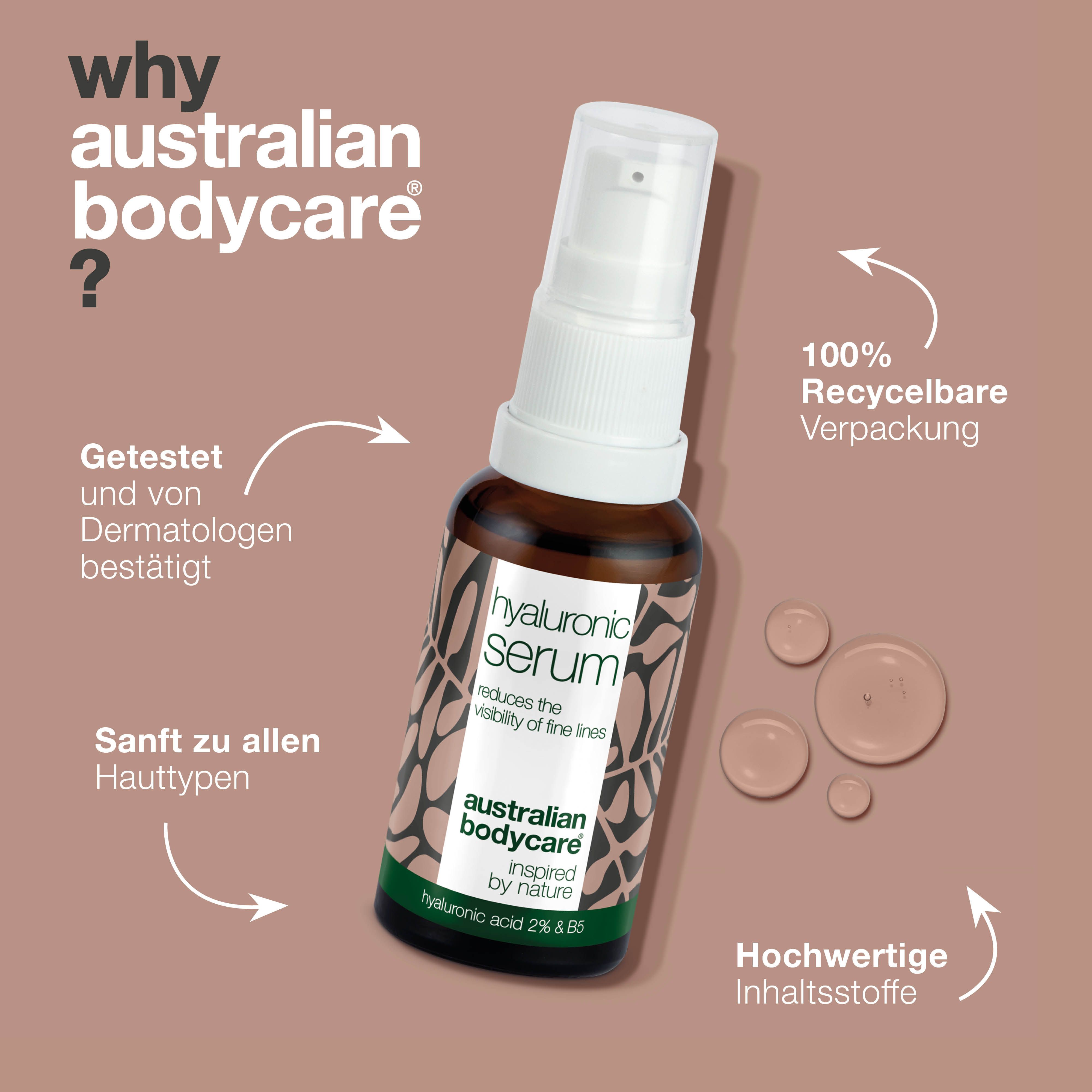 Produkt und Text. Warum Australian Bodycare? Getestet von Dermatologen. 100% recycelbare Verpackung. Marke: Australian Bodycare.
