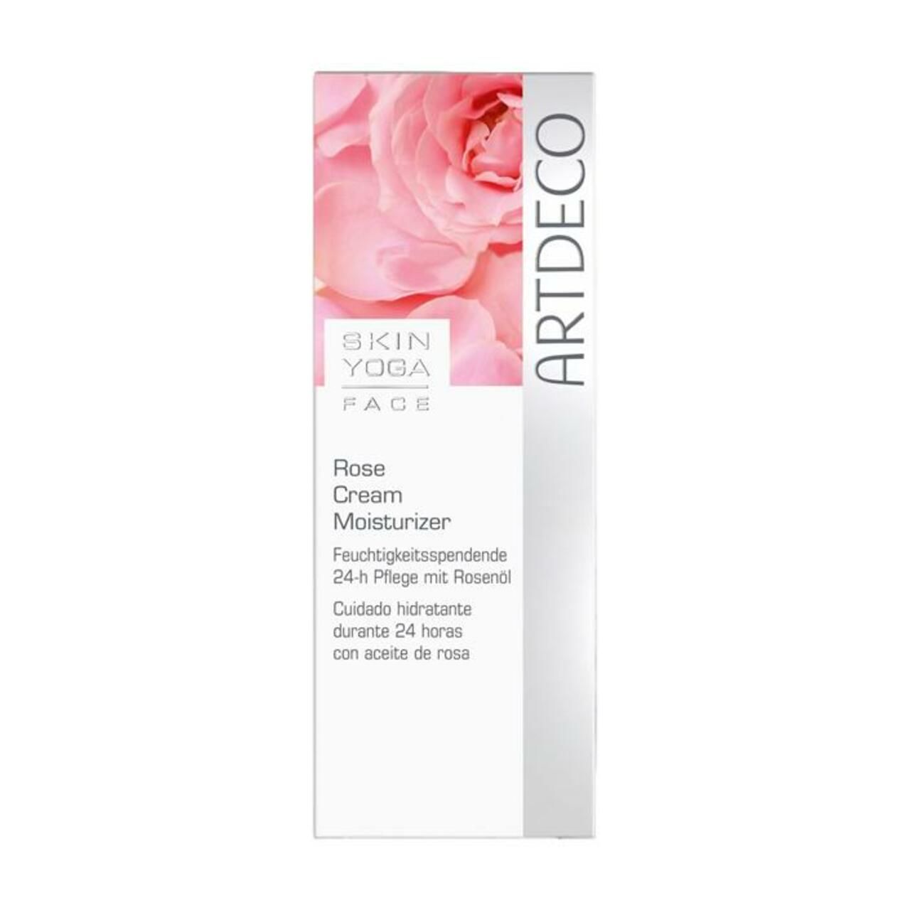 Verpackung mit Rosenblüten-Motiv, Text Skin Yoga Face, Rose Cream Moisturizer und Artdeco-Logo.