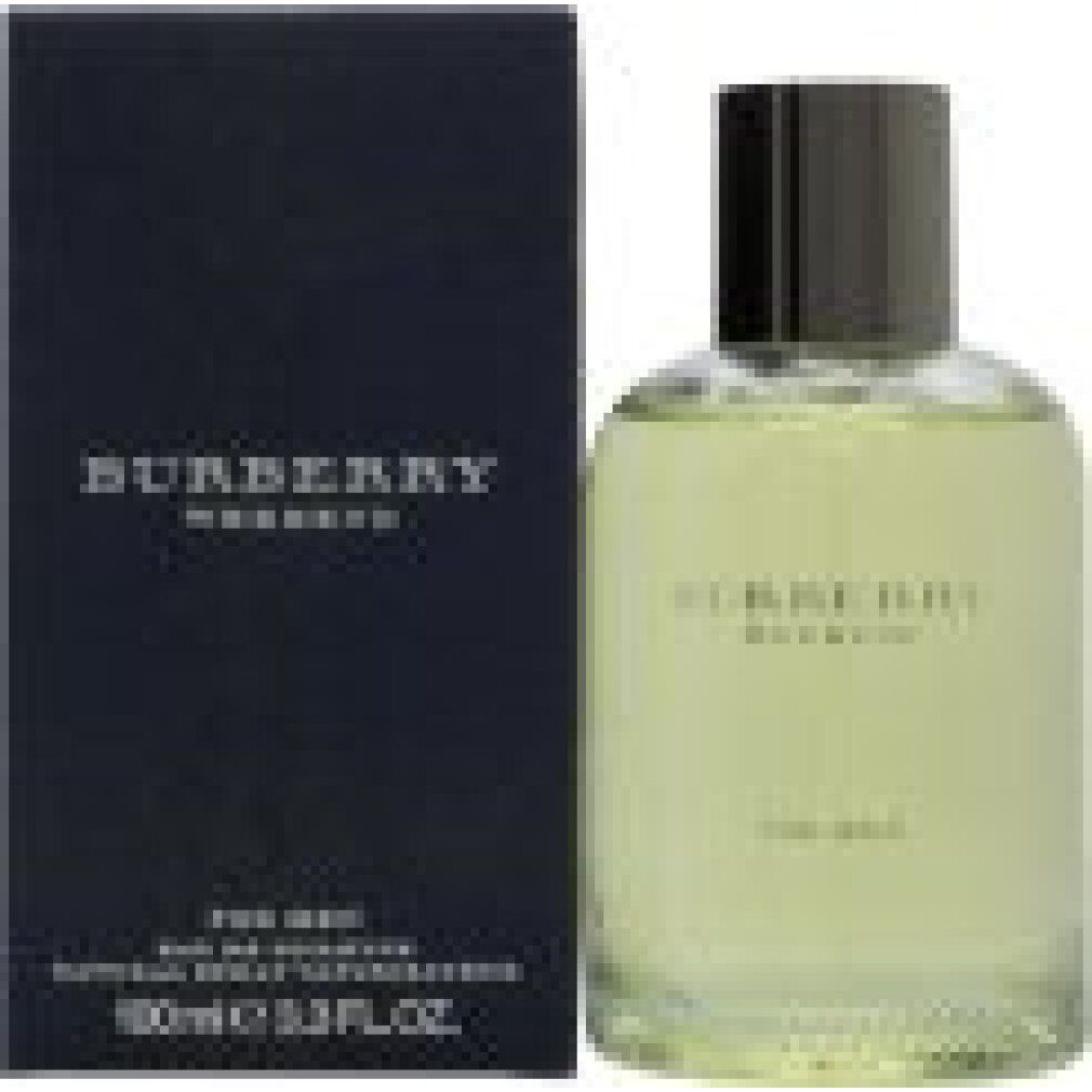 Burberry Weekend Eau de Toilette für Männer. Flasche und Verpackung. Schwarze Schachtel mit Logo. Flasche mit silbernem Deckel.