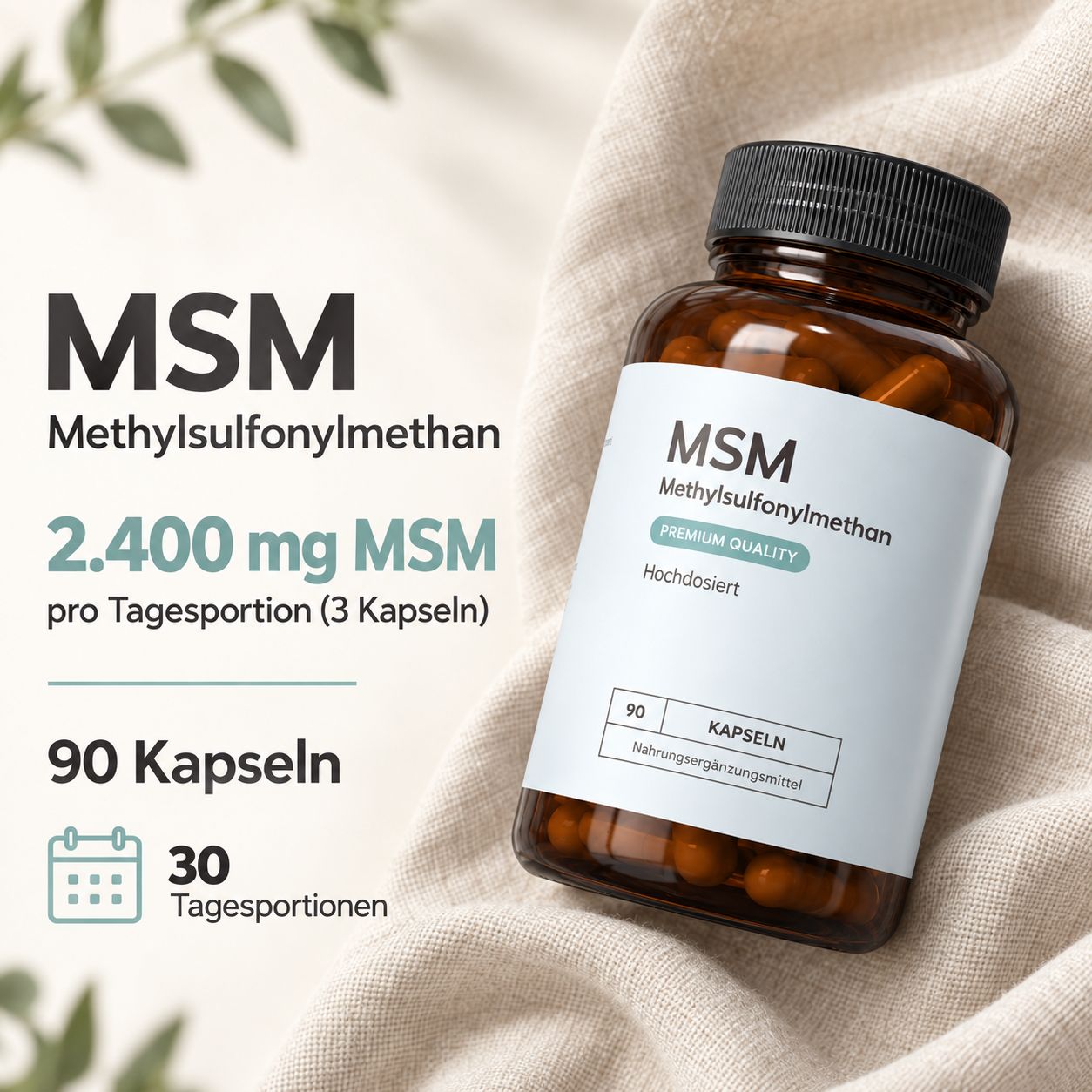 Braune Glasflasche mit 90 Kapseln MSM (Methylsulfonylmethan), 2.400 mg pro Tagesportion.