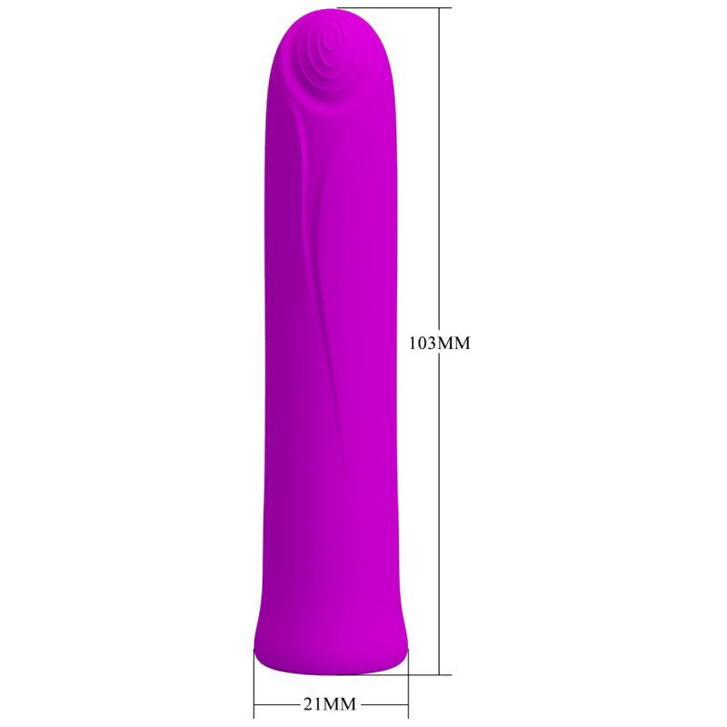 Lila Vibrator. Abmessungen: 103mm hoch, 21mm breit. Zylindrische Form.