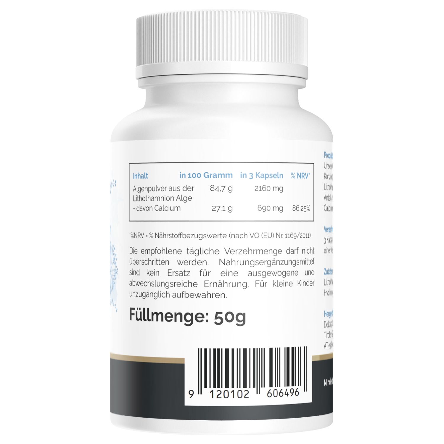 Rückseite der Flasche. Natural Pro Calcium. Nährwertangaben und Füllmenge: 50g.