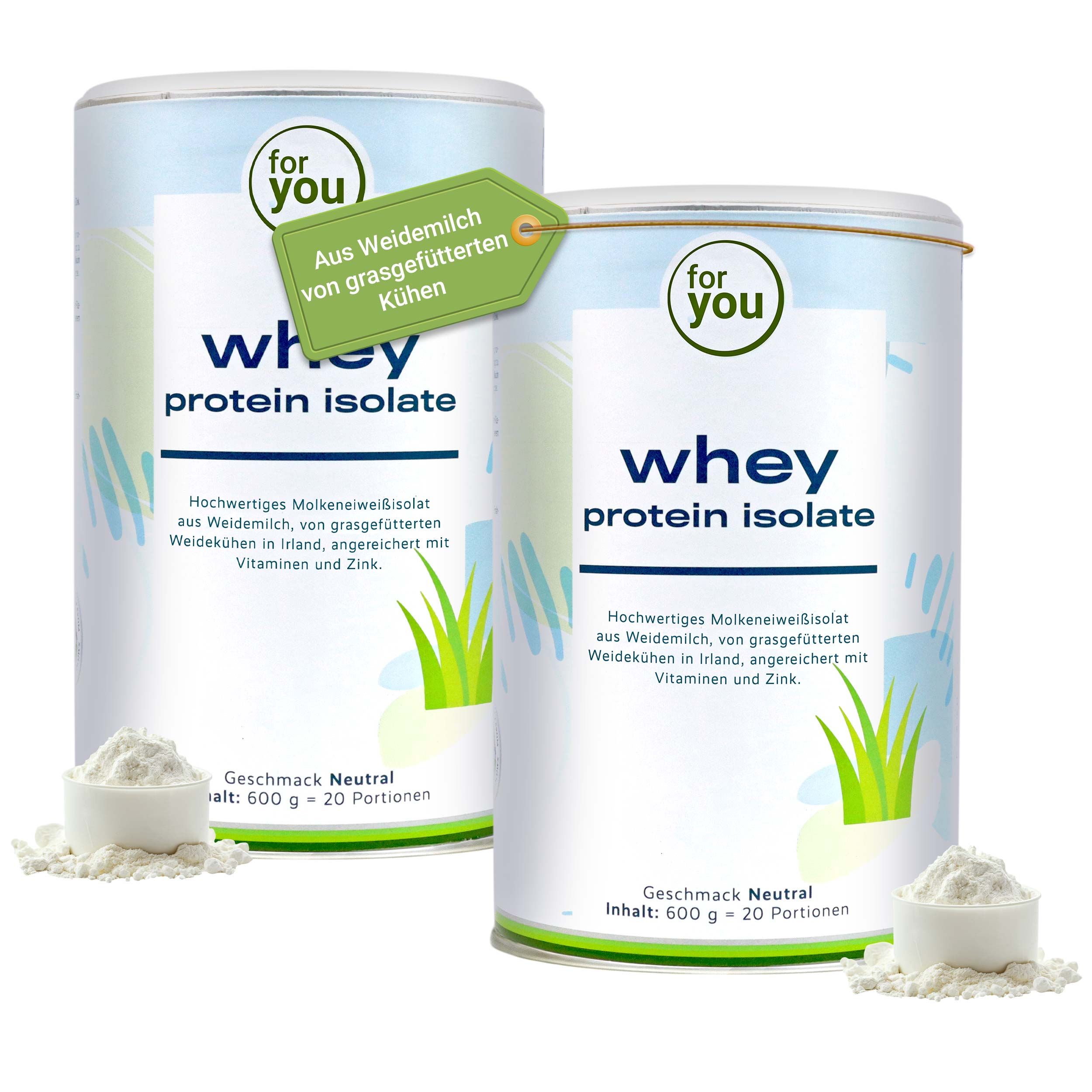 Zwei Dosen "whey protein isolate" mit neutralem Geschmack, 600g Inhalt.
