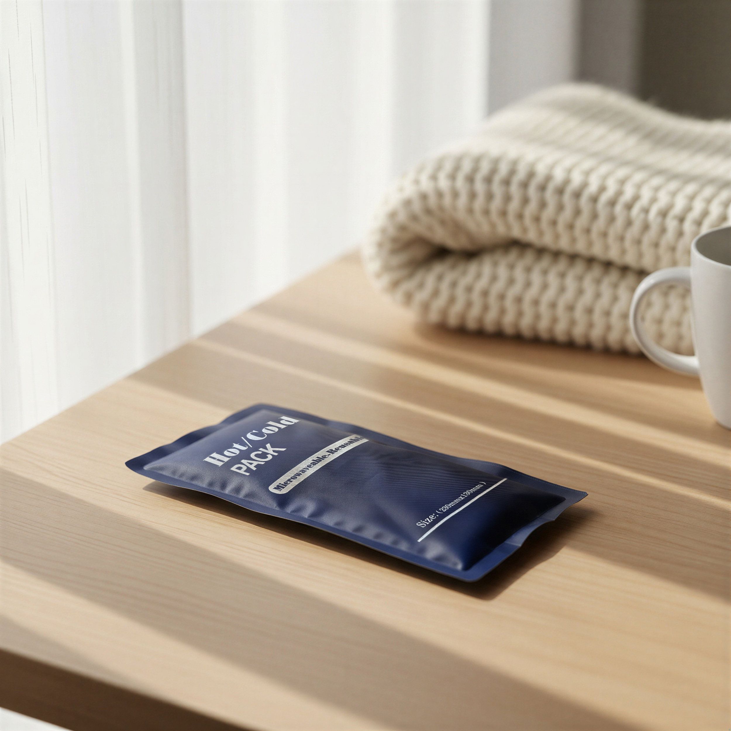 Blaues Hot/Cold Pack auf Holztisch. Text "Hot/Cold Pack". Aufschrift: Wiederverwendbar. Hintergrund: Decke, Tasse.