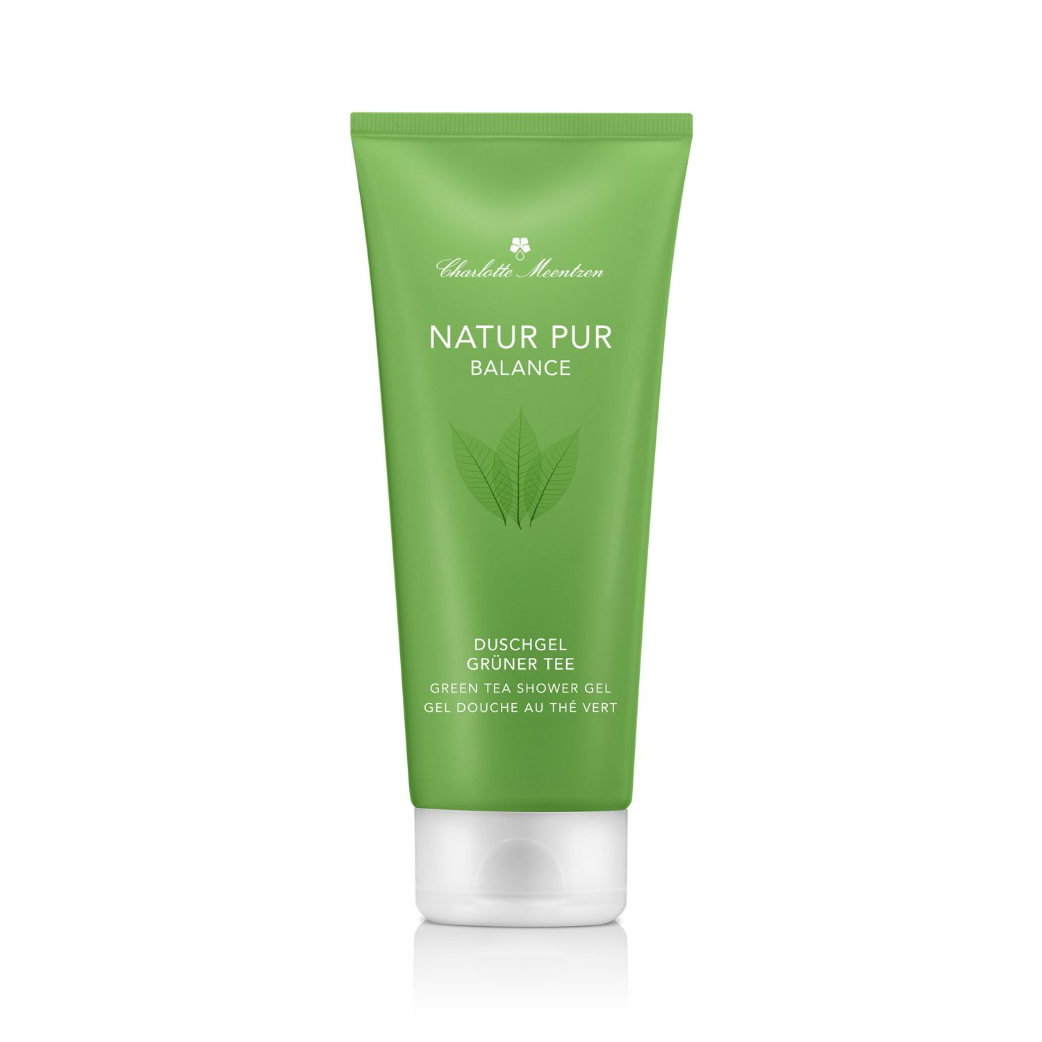 Grüne Tube mit weißem Verschluss. Text: Natur Pur Balance, Duschgel Grüner Tee, Green Tea Shower Gel, Gel Douche au thé vert.