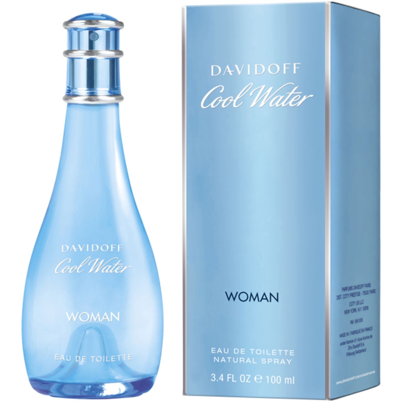 Hellblaue Flasche und Schachtel. Aufschrift: DAVIDOFF Cool Water WOMAN. Flasche mit Zerstäuber. Verpackung.
