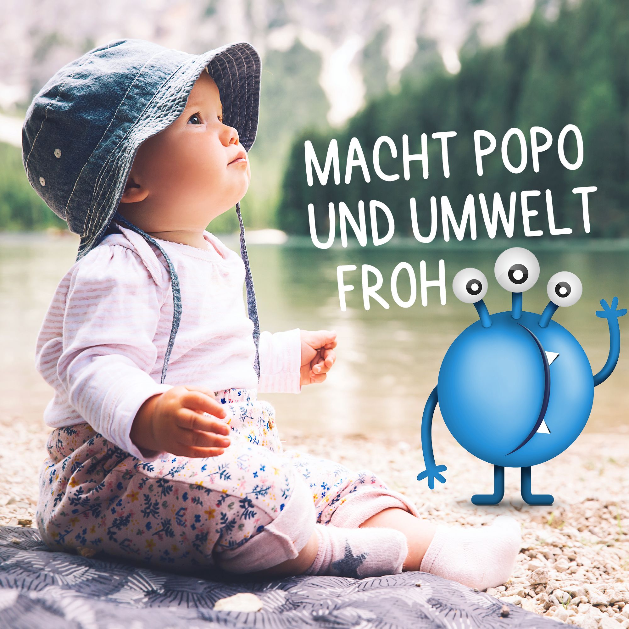 Baby am Seeufer mit Text. Monster-Illustration. ProctyClean PopoLino Baby-Design.