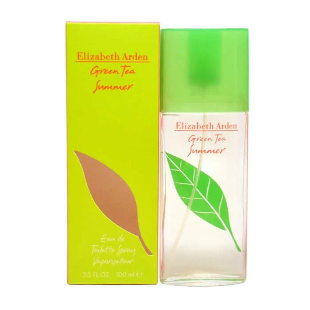 Flasche und Schachtel. Aufschrift: Elizabeth Arden Green Tea Summer. Grünes Blatt-Design auf Flasche und Schachtel.