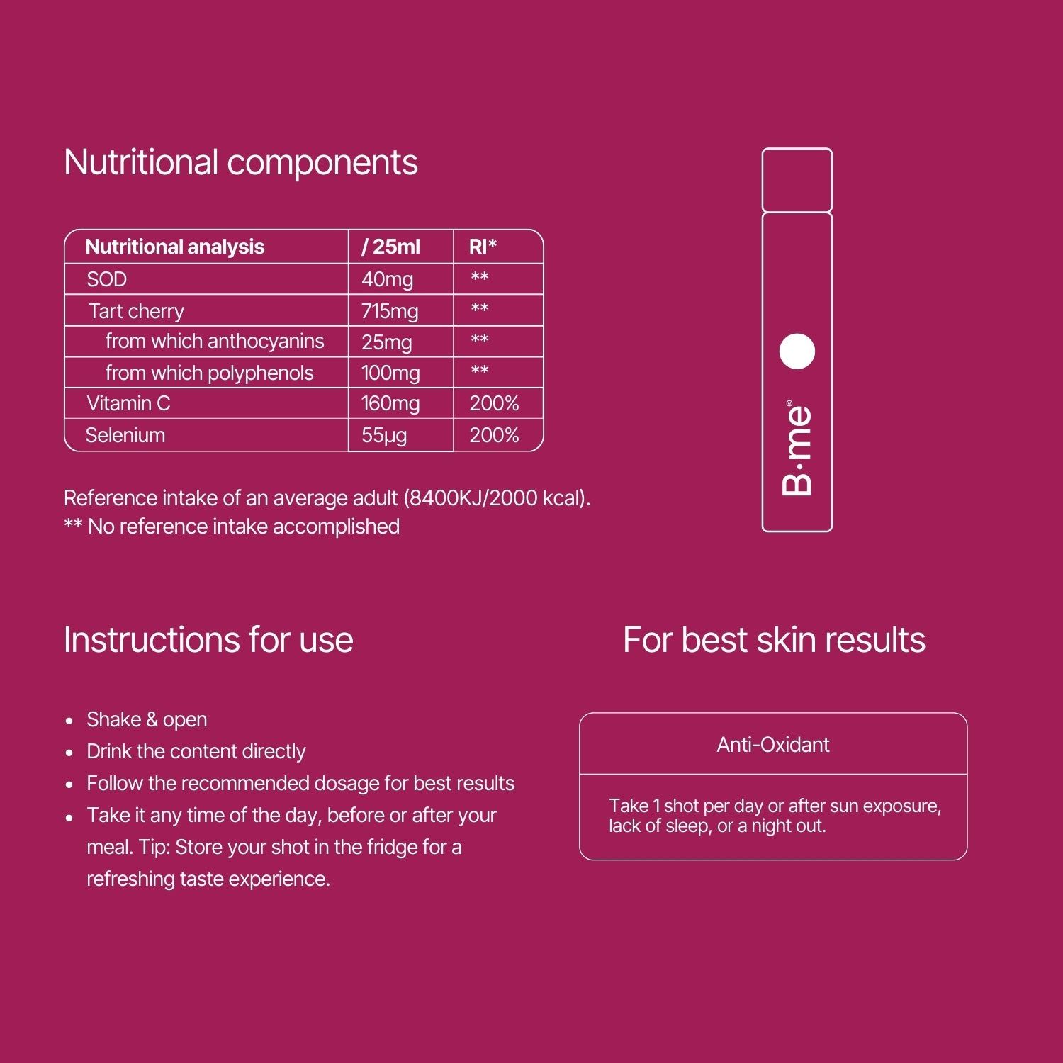 Nährwerttabelle mit Vitamin C und Selen. Enthält Informationen zu Inhaltsstoffen und Anwendungshinweisen. B.me® Anti-Oxidant.