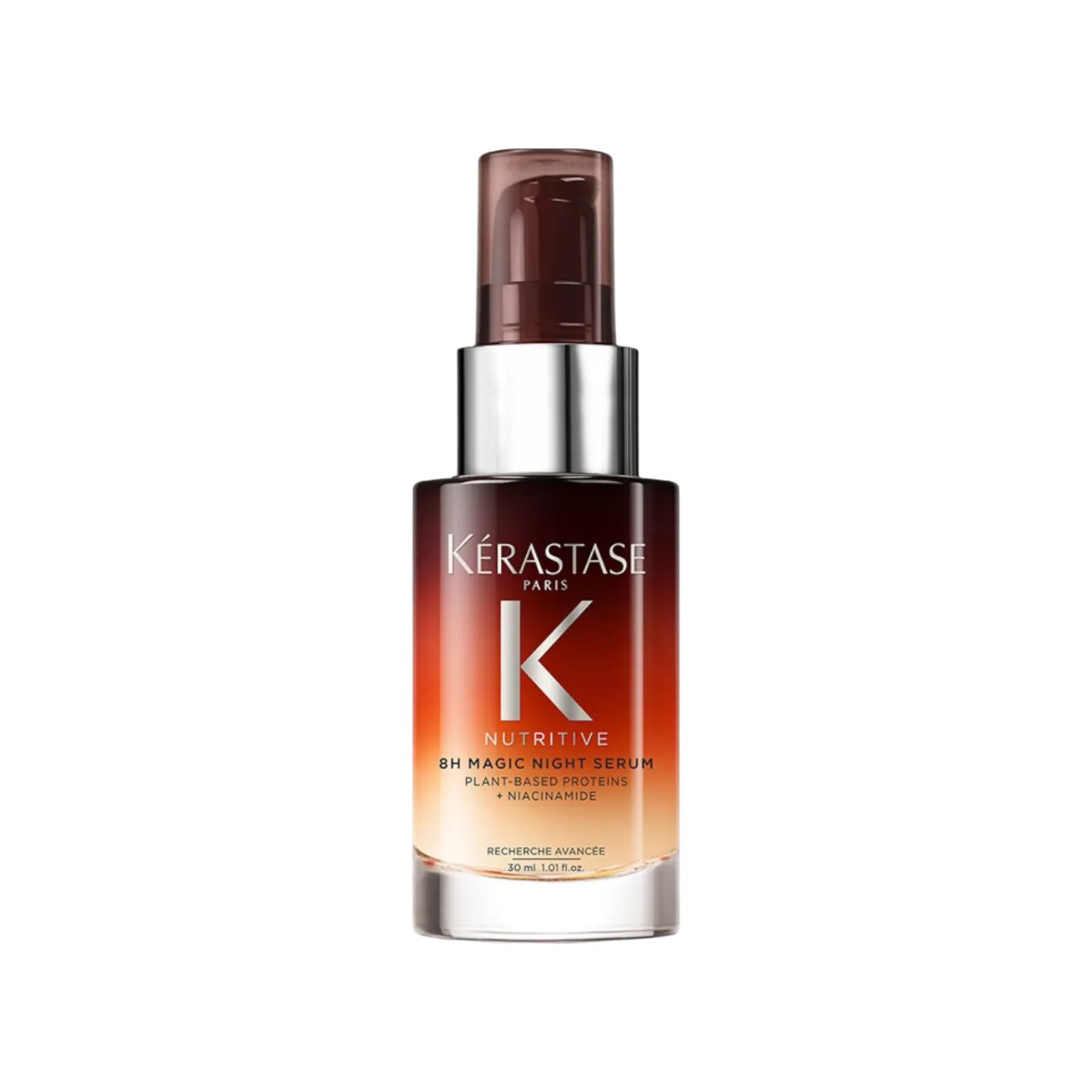 Serumflasche mit Pumpkopf. Farbverlauf von Braun zu Orange. Schriftzug: Kérastase, Nutritive, 8H Magic Night Serum, Plant-Based Proteine + Niacinamide.