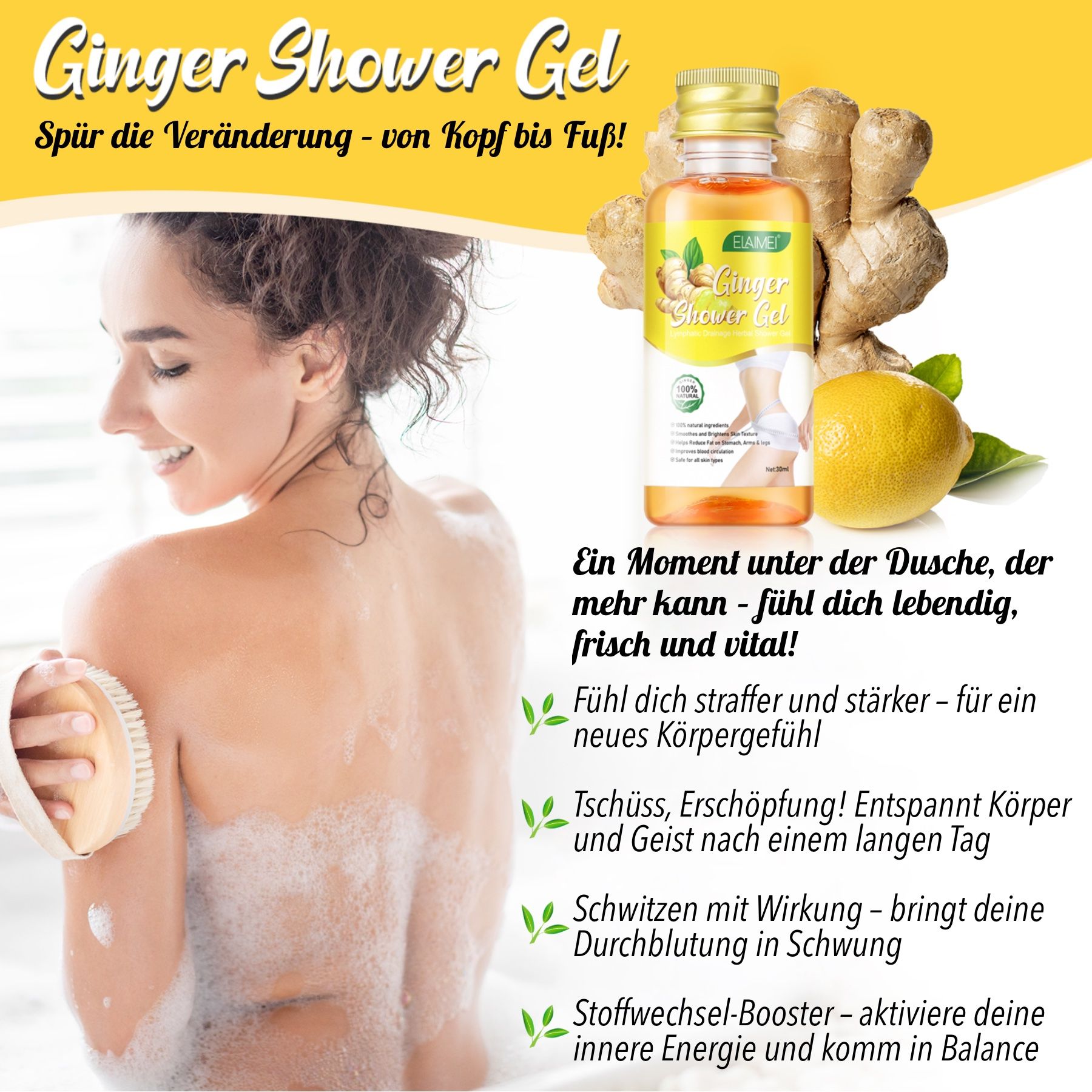 P-Beauty Ingwer Duschgel für Lymphdrainage und Körperpflege mit Rosmarin