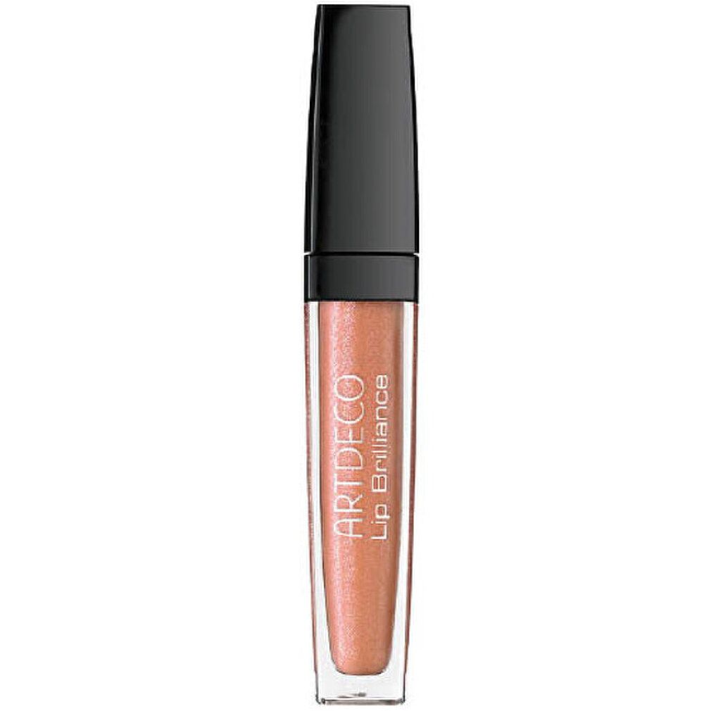 Artdeco Lip Brilliance Lip Gloss in einem transparenten Fläschchen mit schwarzem Deckel. Heller Pfirsichton mit Schimmer.