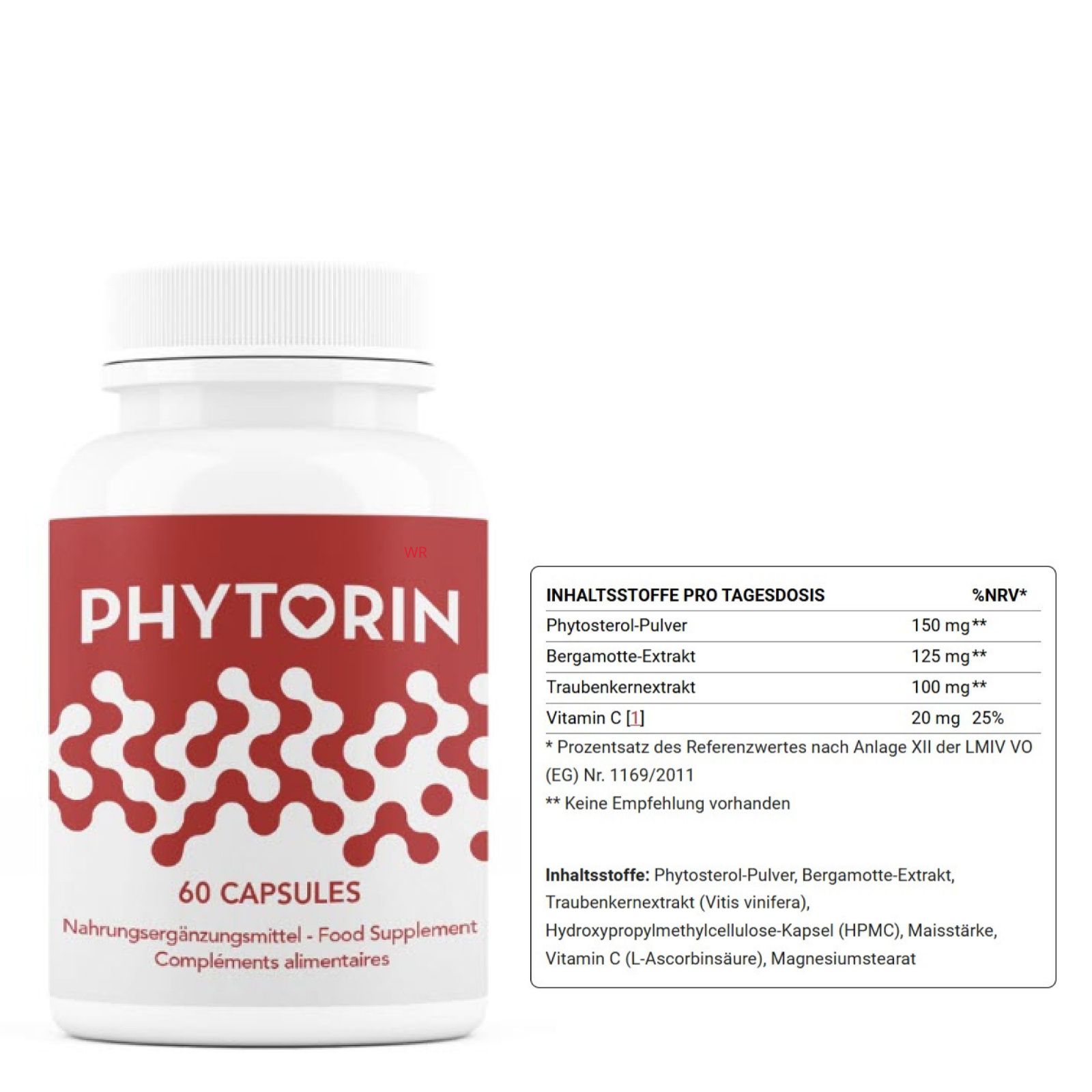 Weiße Flasche mit rotem Etikett. Aufschrift: PHYTORIN, 60 Kapseln. Infotafel mit Inhaltsstoffen.