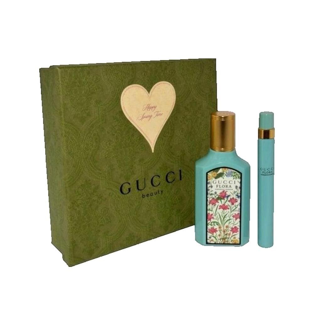 Gucci Flora Gorgeous Jasmine Parfum pour femme. Türkisgrüner Flakon mit goldfarbenem Deckel, Geschenkbox und Zerstäuber.