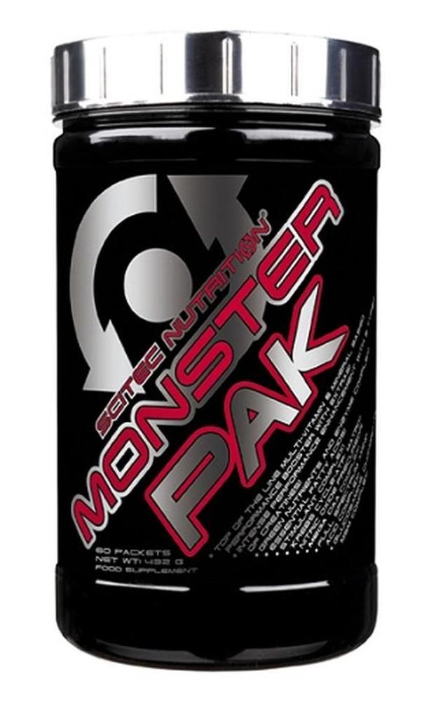 Schwarze Dose mit silbernem Deckel. Aufschrift: Scitec Nutrition Monster Pak. Enthält 60 Packungen. Nahrungsergänzungsmittel.