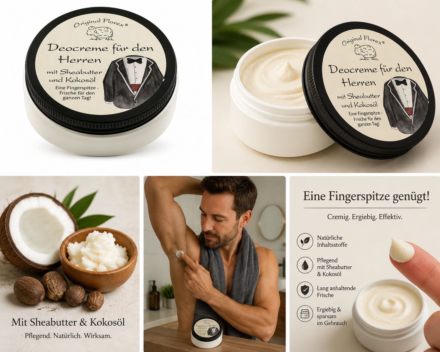 Collage: Florex Deocreme für den Herren, Inhaltsstoffe, Anwendung und Dose.