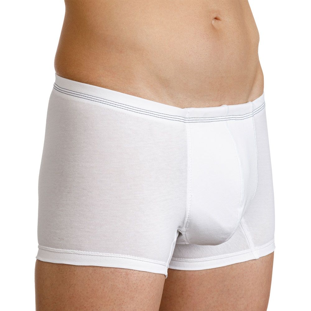 Weiße Inkontinenz-Shorts für Herren. Seitenansicht. Elastischer Bund mit Ziernaht. Baumwollstoff.
