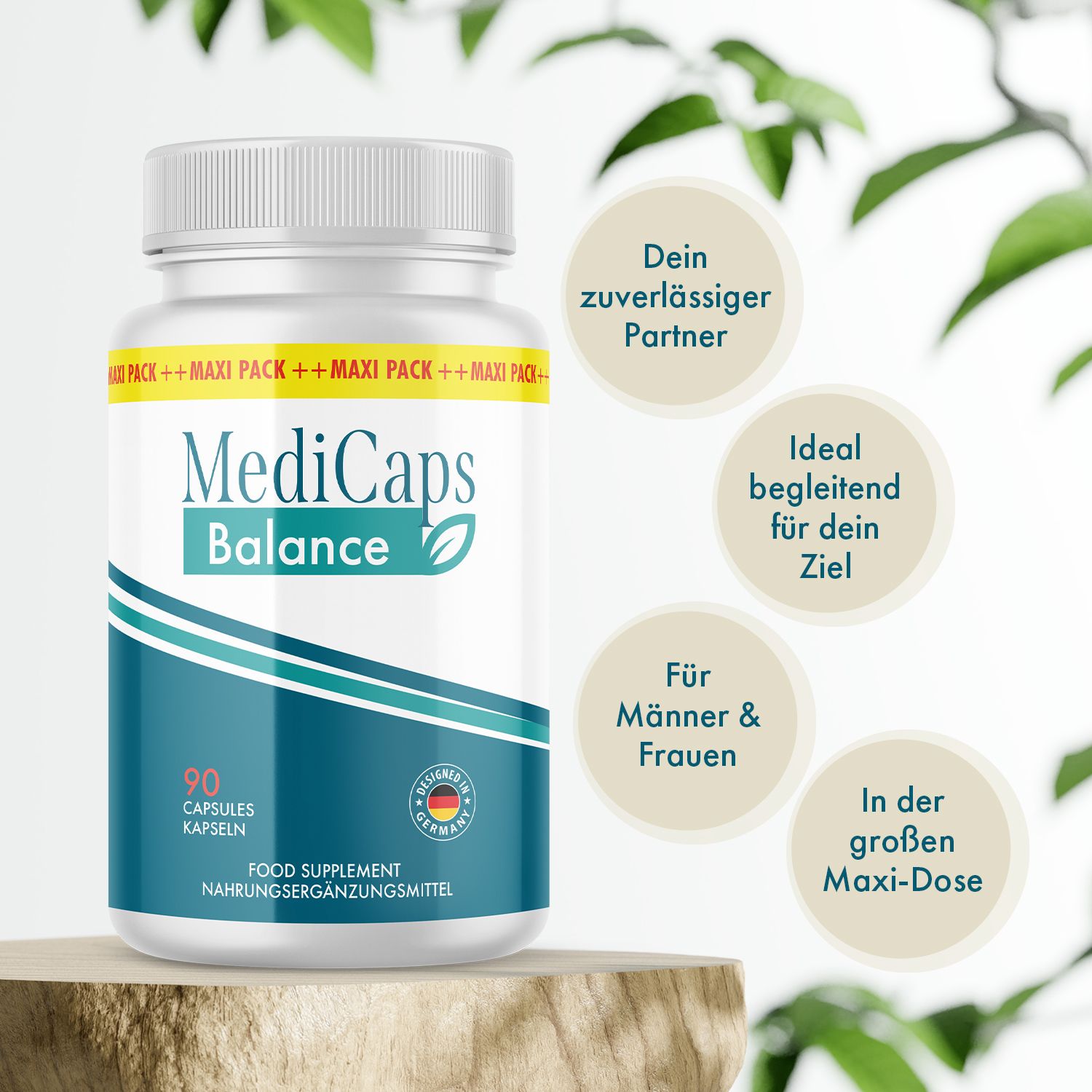 MediCaps Balance Kapseln in weißer Dose, 90 Stück. "Maxi Pack" Aufdruck.