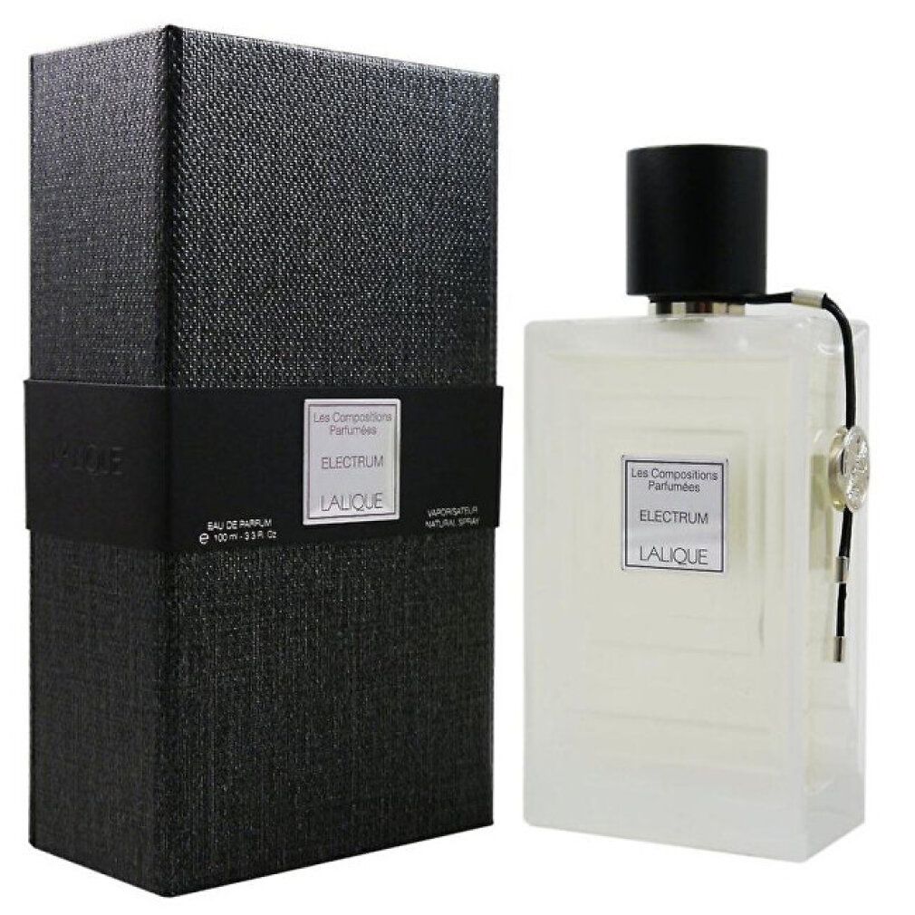 Schwarze Verpackung und Flakon. Flakon mit schwarzem Verschluss. Text: Les Compositions Parfumees Electrum Lalique.