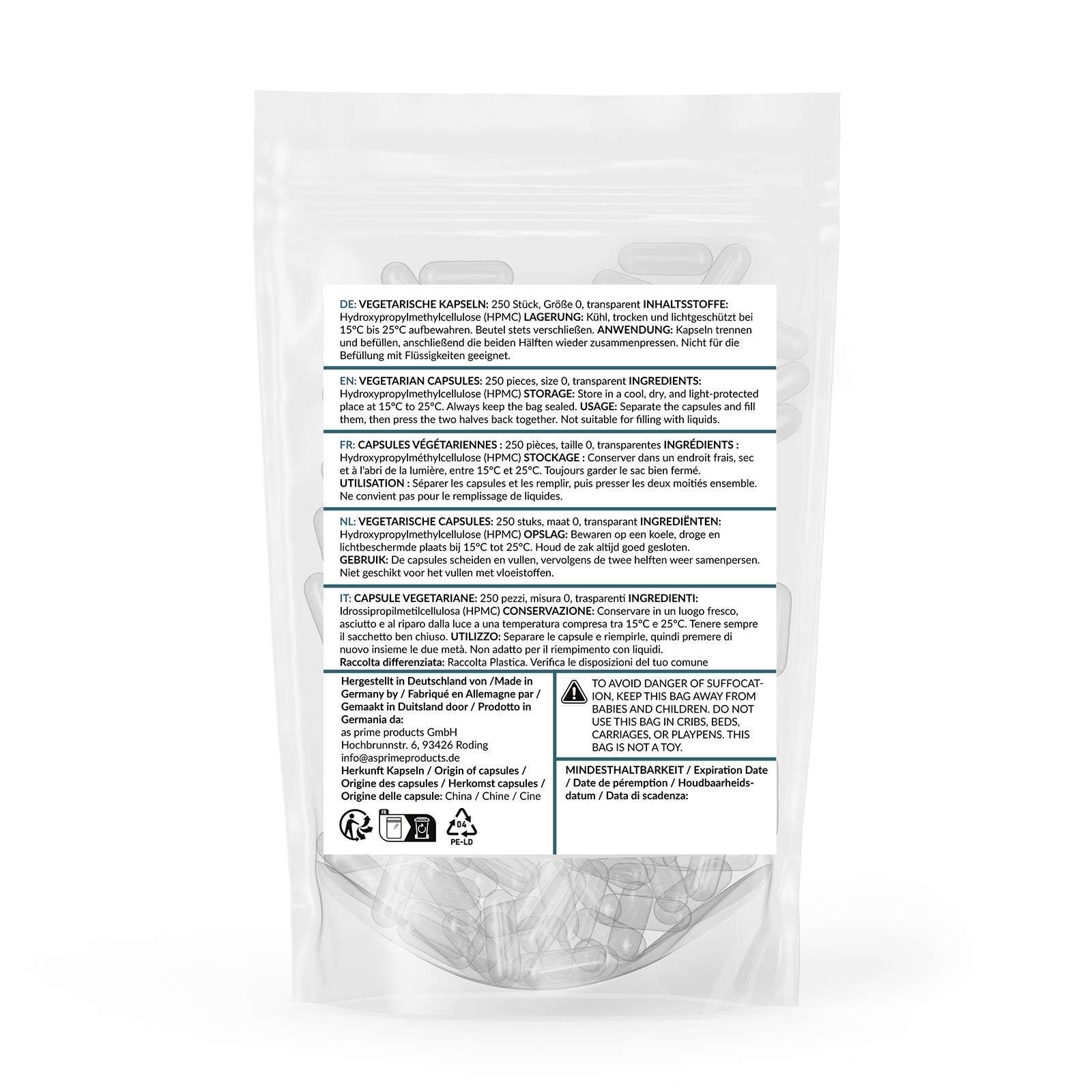 Rückseite eines Beutels mit vegetarischen Kapseln. Text in Deutsch, Englisch, Französisch und Italienisch. Informationen zu Inhaltsstoffen und Anwendung.