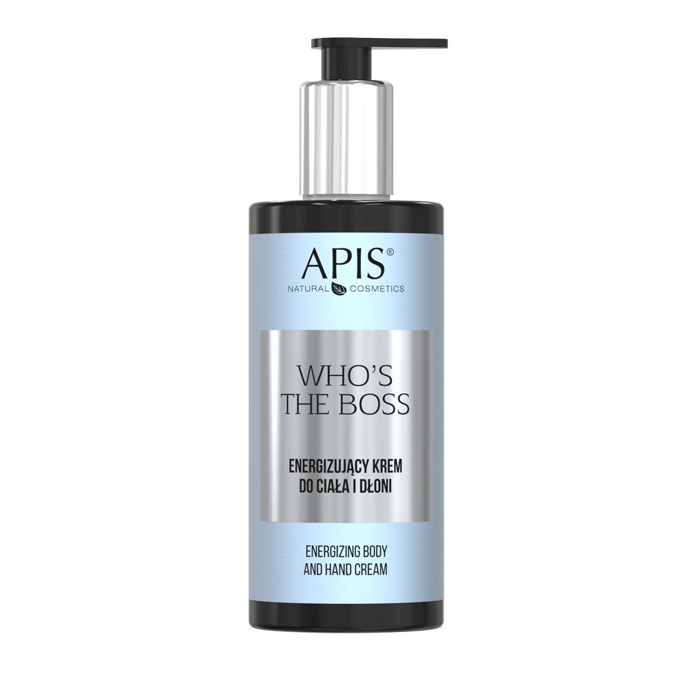 Körper- und Handcreme mit Dosierpumpe. Schwarze Flasche mit silbernem Pumpkopf. Text: APIS, WHO'S THE BOSS, Energizing Body and Hand Cream.