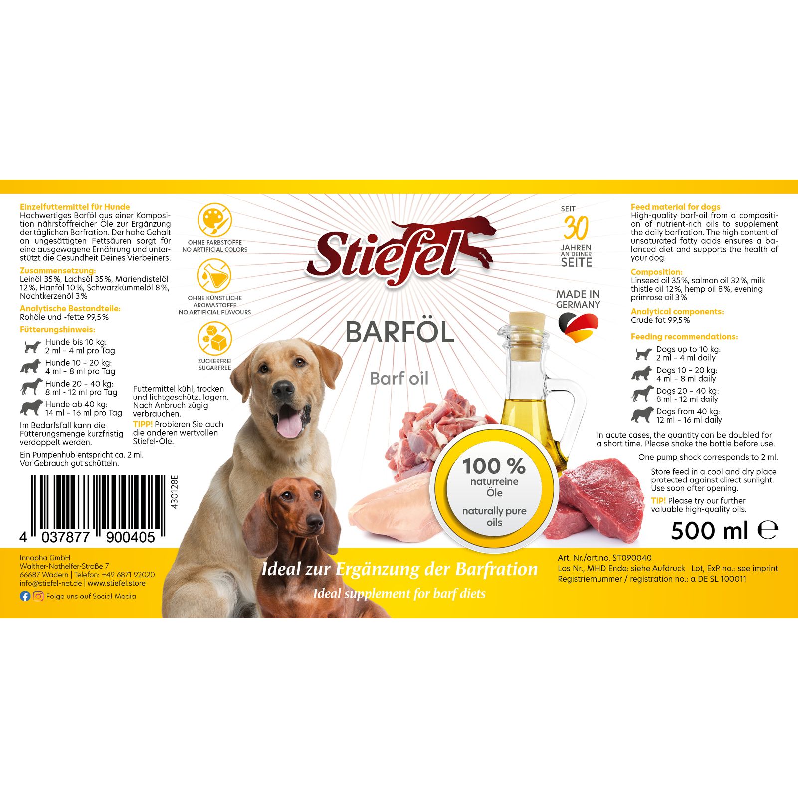 Etikett mit Produktname Barföl, Abbildung von Hunden, Fleisch und Öl. 100% natürliche Öle. 500 ml.