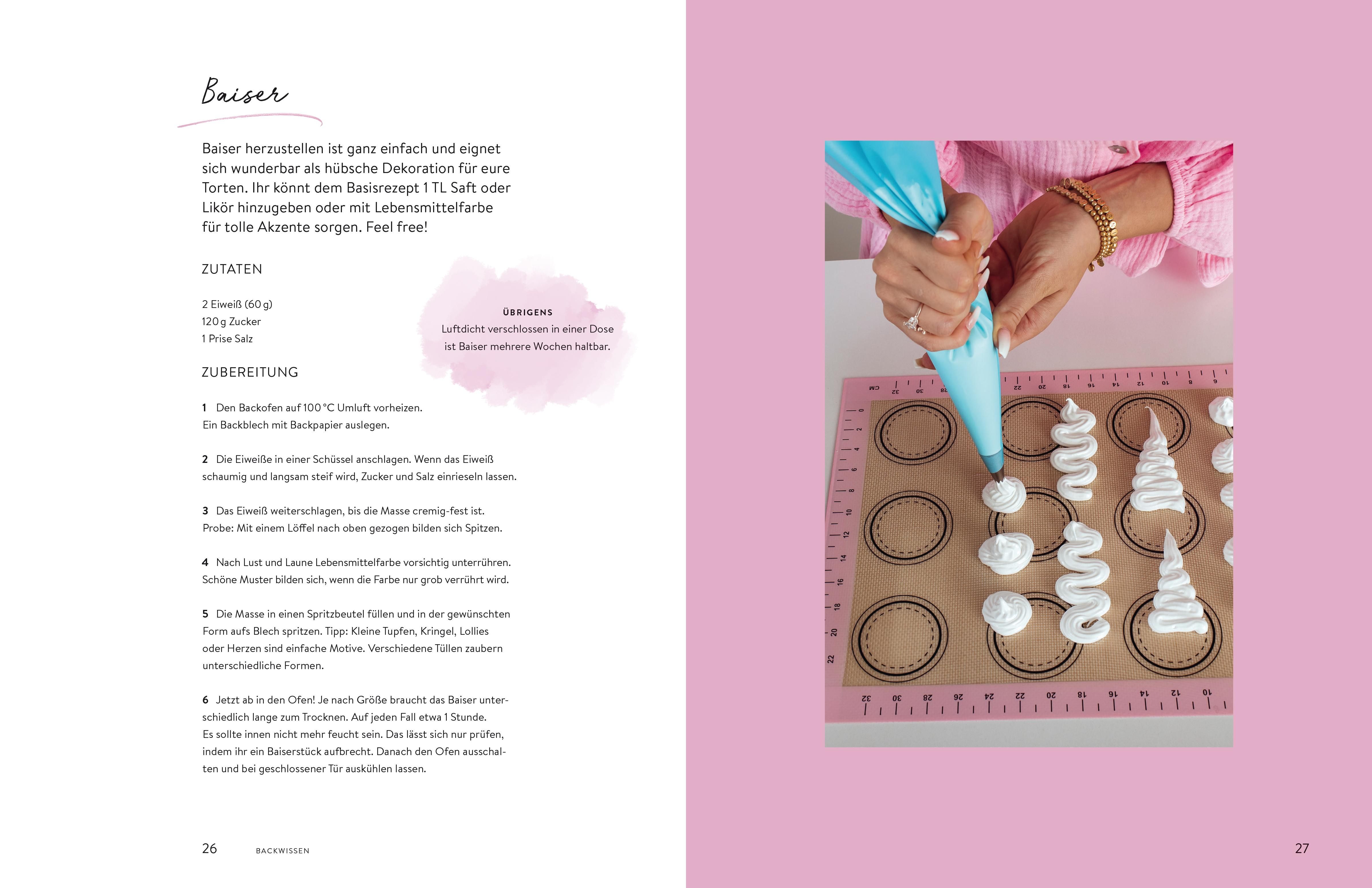 Buchseite: Rezept für Baiser. Zutaten und Zubereitung. Frau mit Spritzbeutel beim Dekorieren.