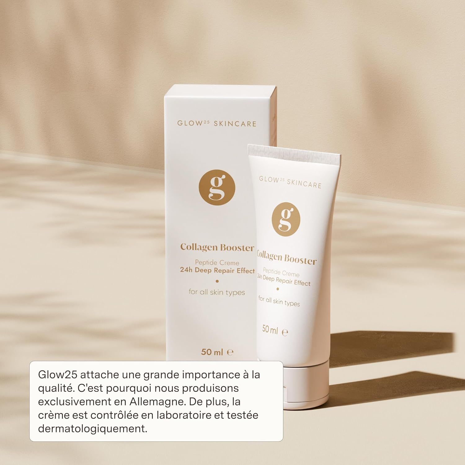 Tube et boîte blanches "Glow Skincare Collagen Booster". Le tube contient 50 ml de crème. Sur l'emballage, on lit "Firming Peptide Face Cream" et "for all skin types".